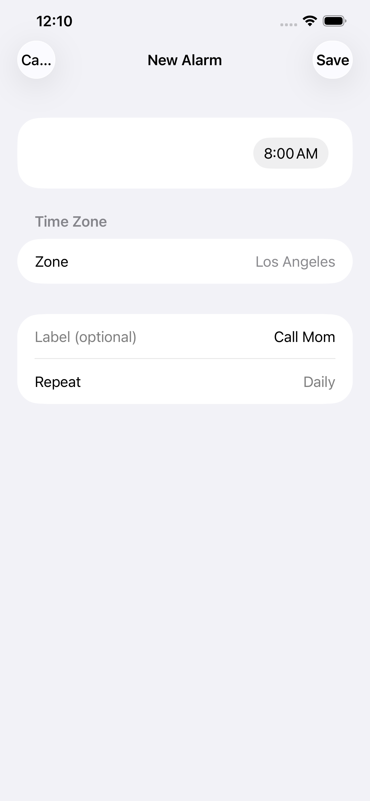 New alarm creation screen with time set to 8:00 AM, zone set to Los Angeles, label Call Mom, and repeat set to Daily