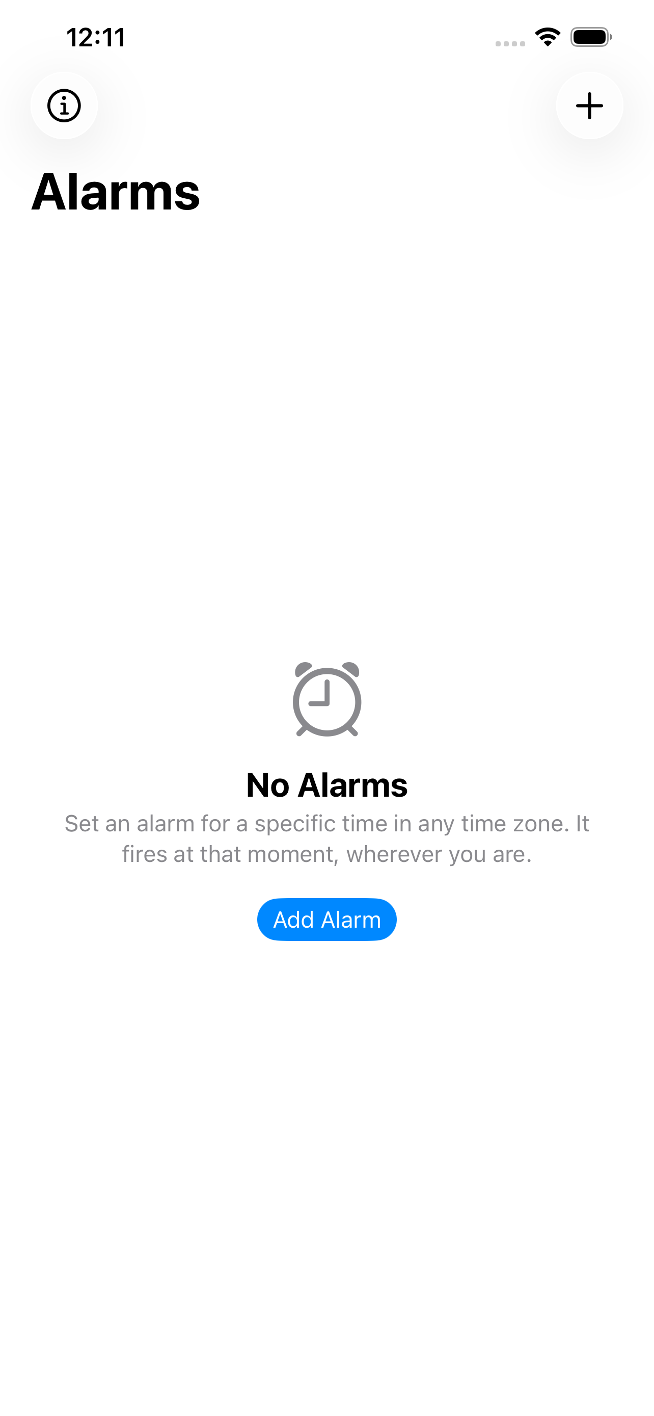 Empty alarm list with prompt to add an alarm anchored to any time zone