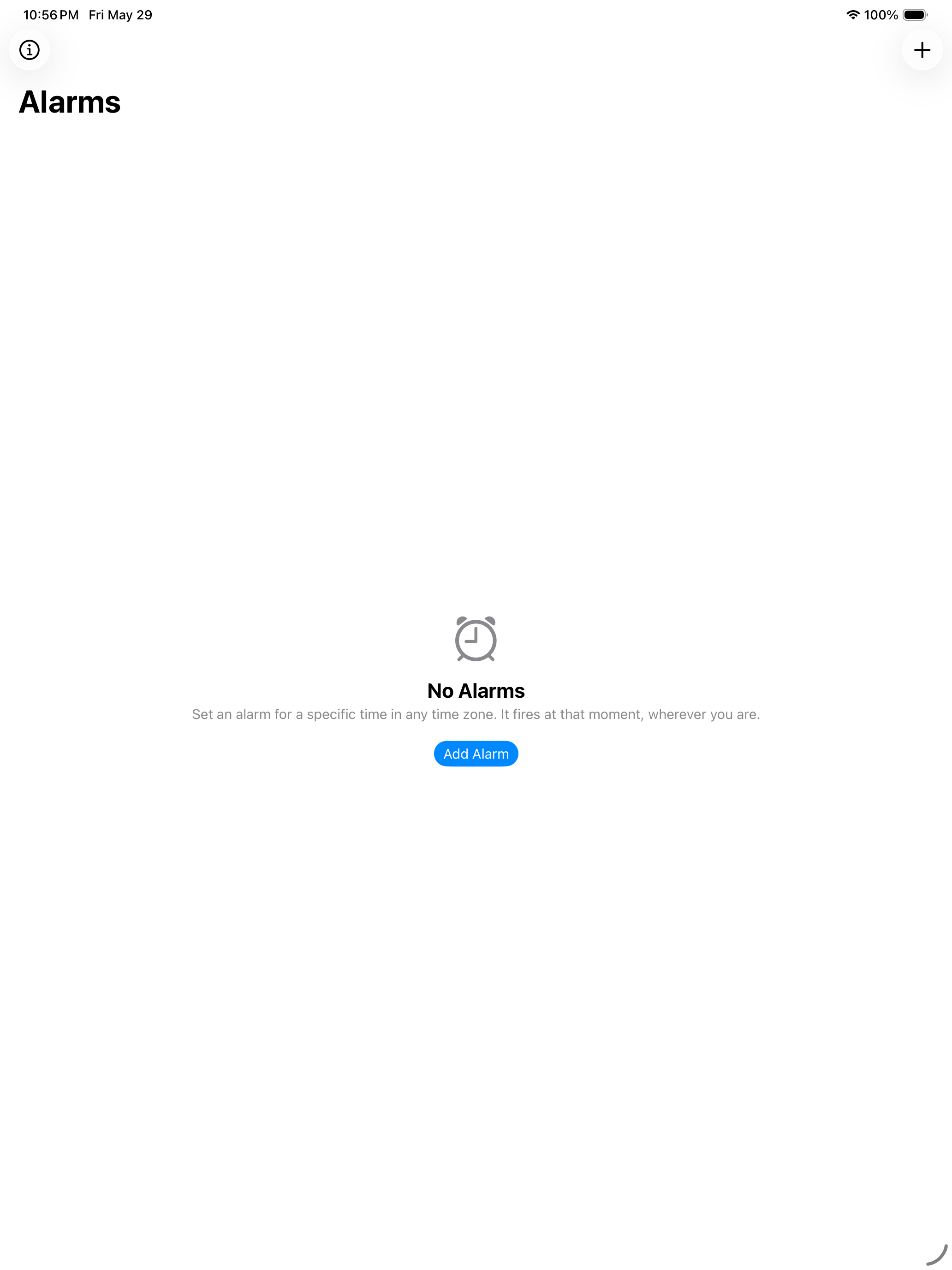 Empty alarm list with prompt to add an alarm anchored to any time zone