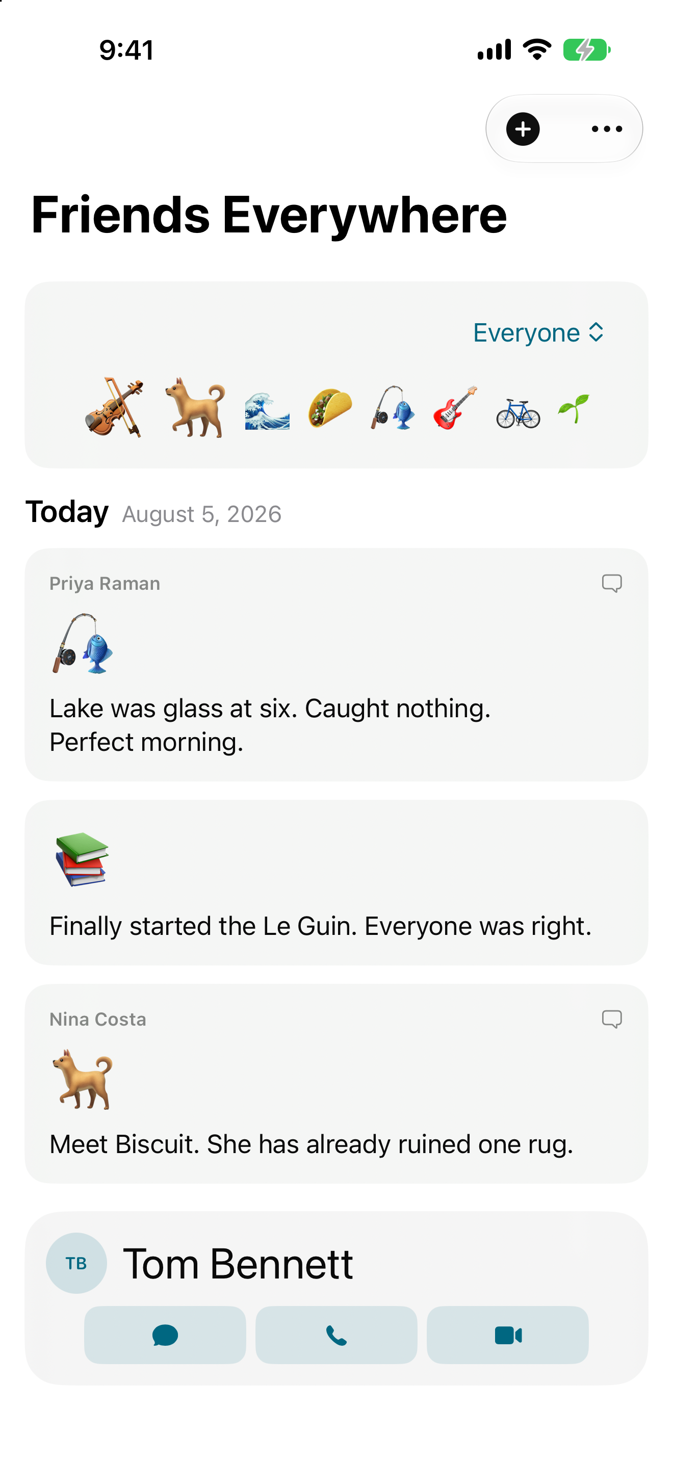 The Friends Everywhere feed on iPhone: an emoji cloud of what friends have been feeling, today's posts from Priya, Nina and Maya, and the Up Next card suggesting Tom Bennett with Message, Call and FaceTime buttons.