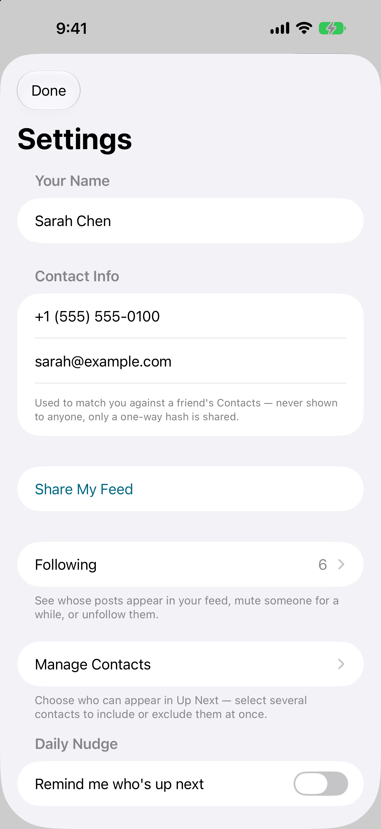 Settings on iPhone: your display name, the contact info that is only ever shared as a one-way hash, Share My Feed, and the list of people you follow.