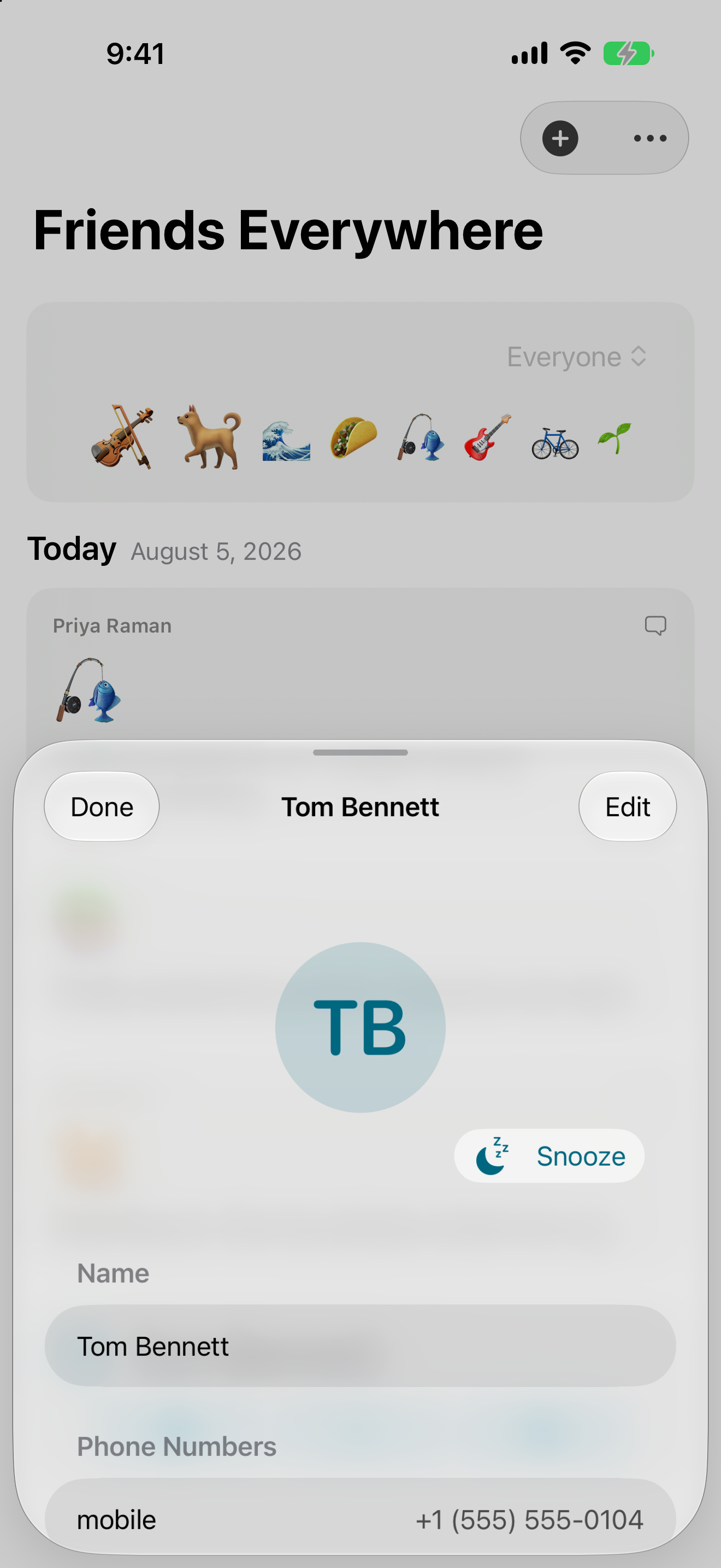 The Up Next profile sheet on iPhone showing Tom Bennett's contact details and a Snooze button — one person suggested per day, never a list.