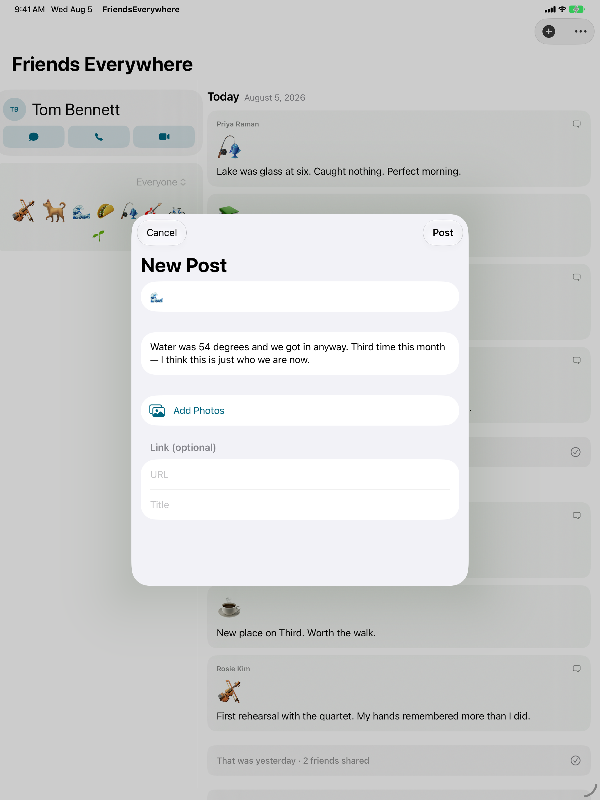 Composing a post on iPad, with the day-chaptered feed visible behind the sheet.