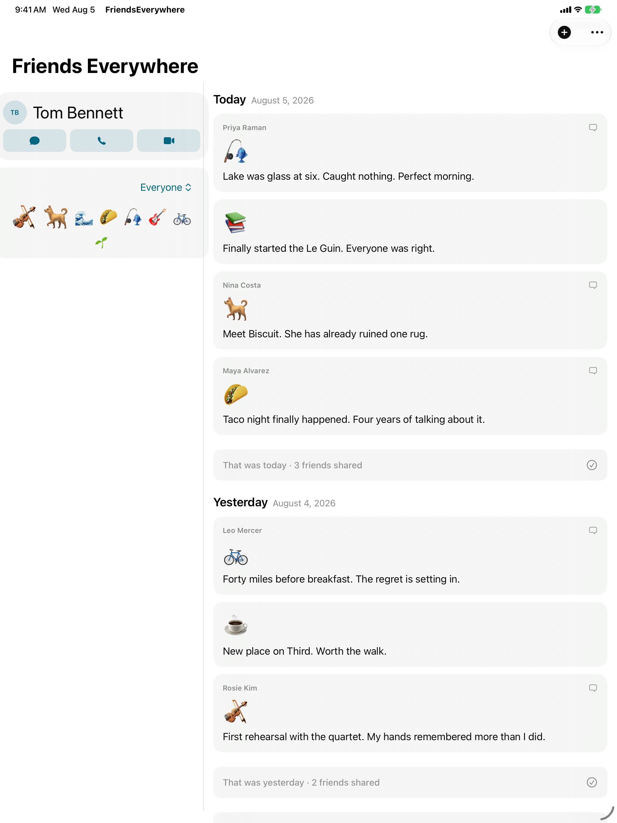 Friends Everywhere on iPad: Up Next and the emoji cloud in a side column beside the feed, which is chaptered by day and ends each chapter with a "That was today · 3 friends shared" pause card.