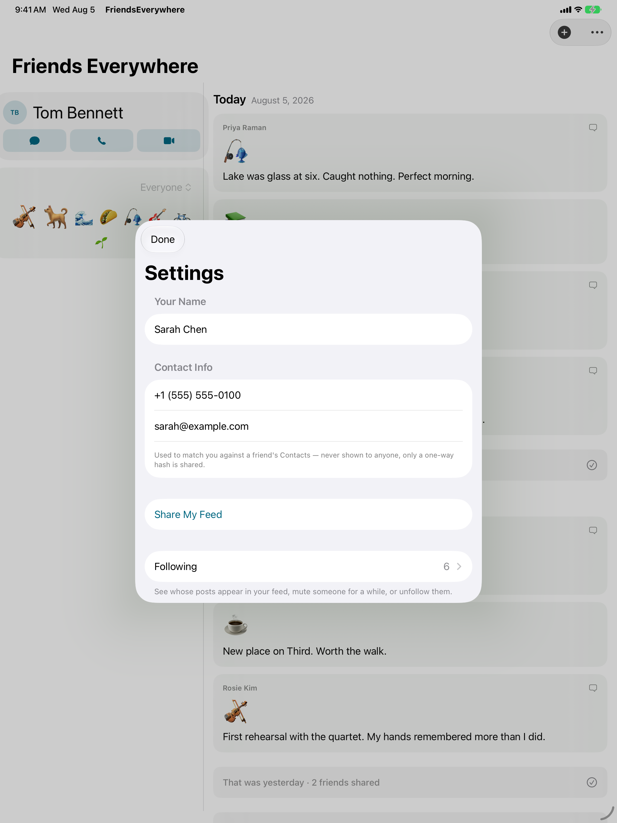 Settings on iPad, showing the display name, hashed contact info, Share My Feed and Following.