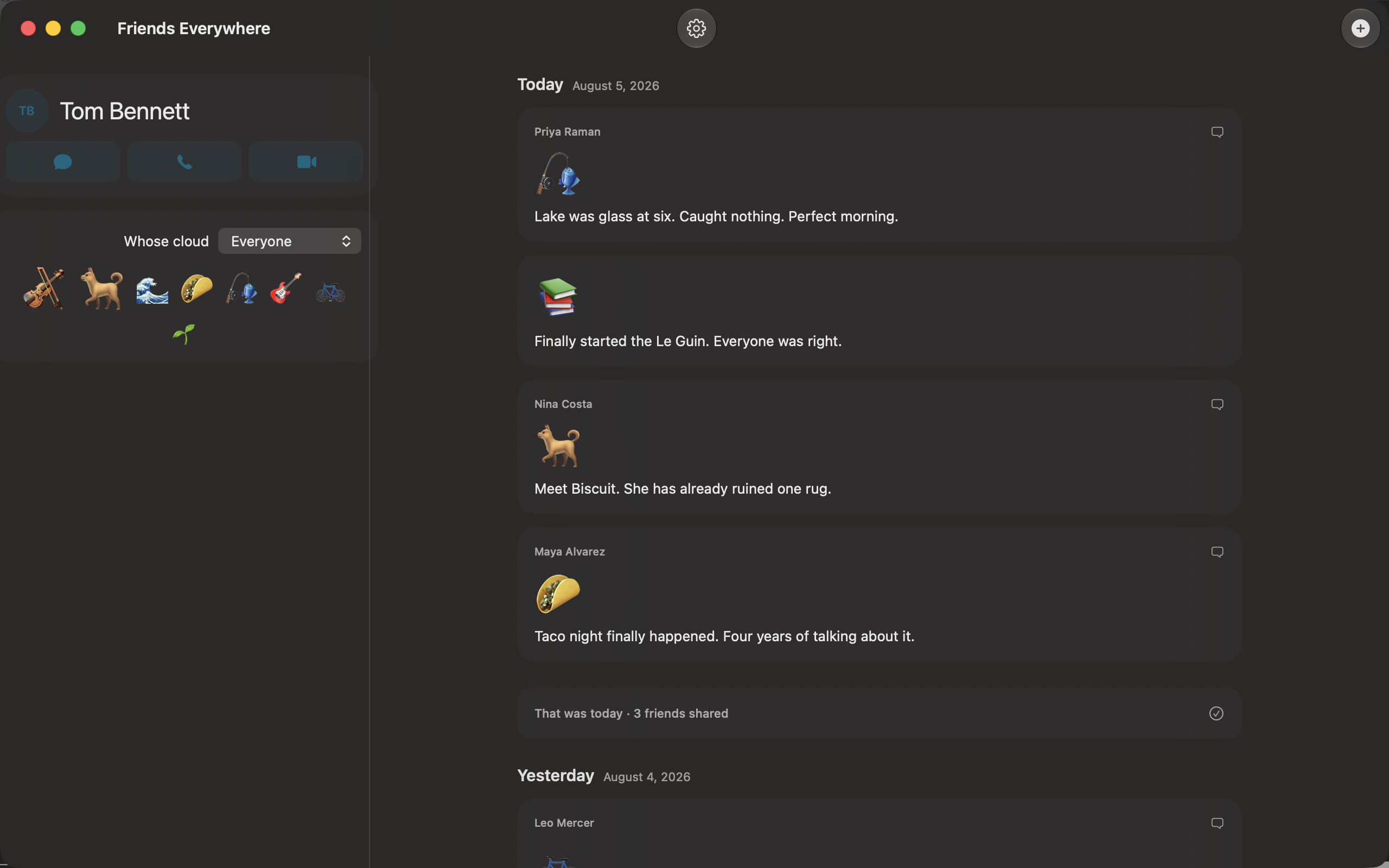 Friends Everywhere as a native Mac app in dark mode: Up Next and the emoji cloud on the left, the day-chaptered feed on the right.