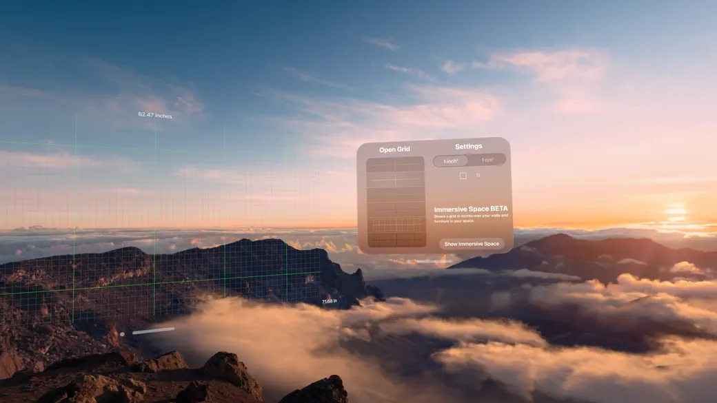 Graph Grid showing measurement grid overlaid on a mountain landscape in Apple Vision Pro