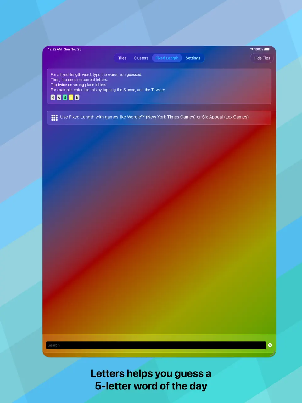 Letters + Words Fixed Length mode on iPad
