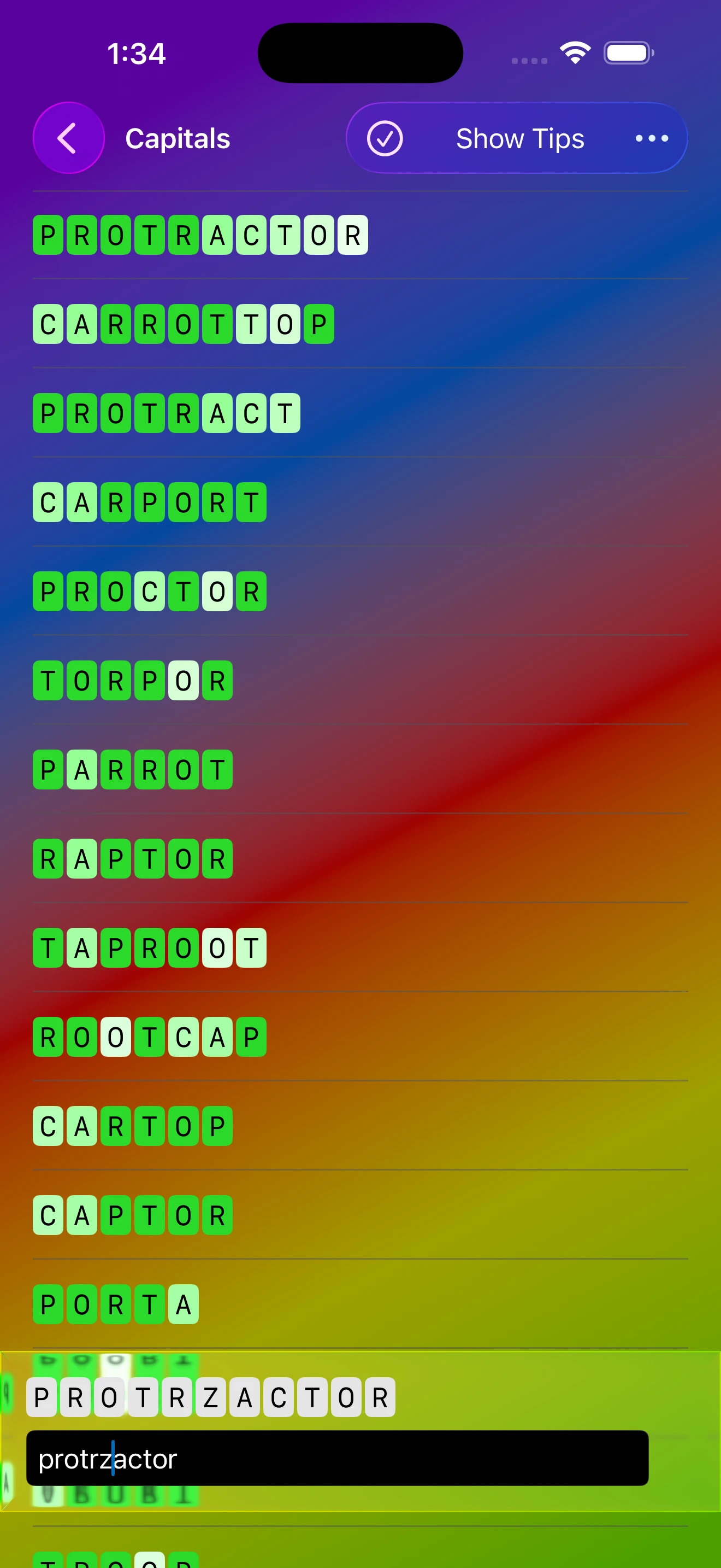 Letters + Words Capitals helper showing color-coded results for the entered letter sequence