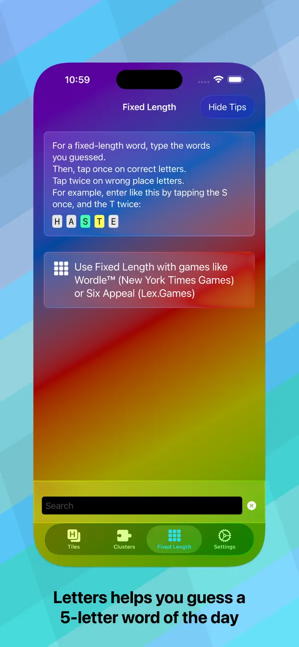 Letters + Words Fixed Length mode on iPhone
