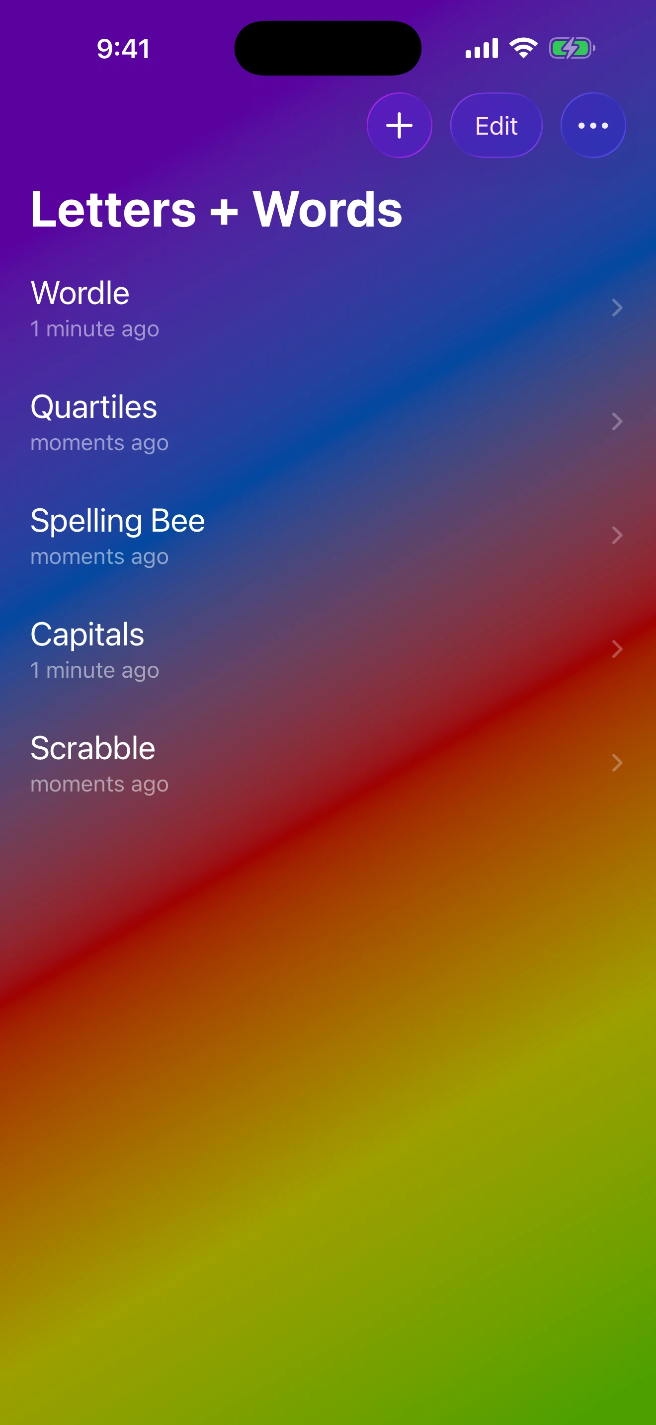Letters + Words games list showing Wordle, Quartiles, Spelling Bee, Capitals, and Scrabble