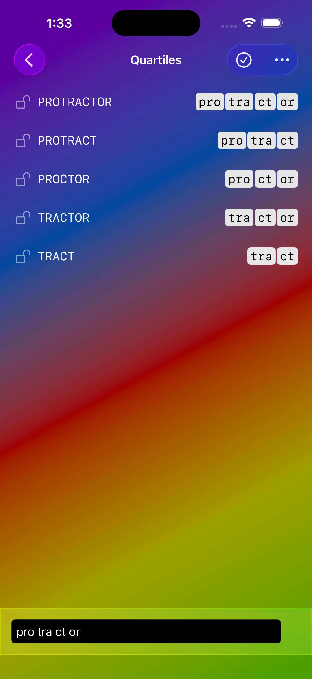 Letters + Words Quartiles clusters helper showing chunk combinations for pro tra ct or
