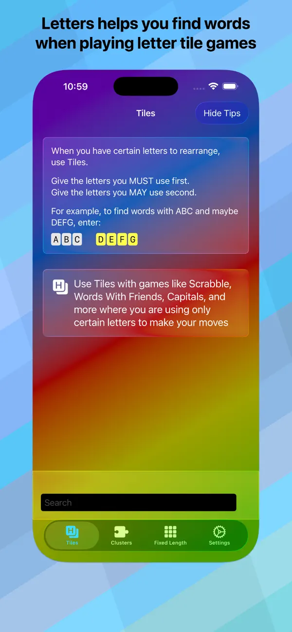 Letters + Words Tiles mode on iPhone