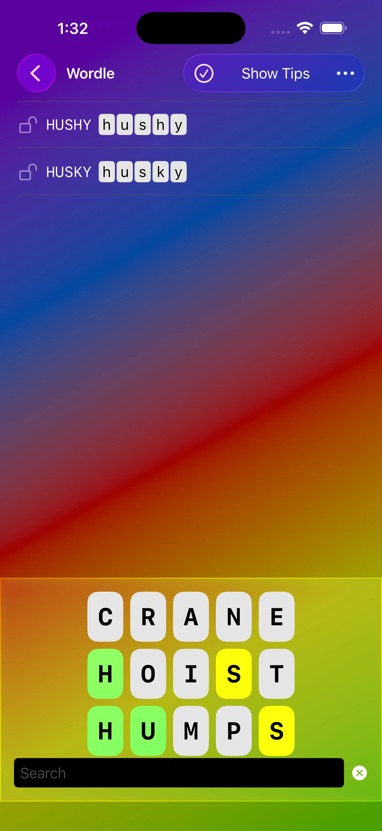 Letters + Words Wordle helper showing guesses and filtered word suggestions with lock icons
