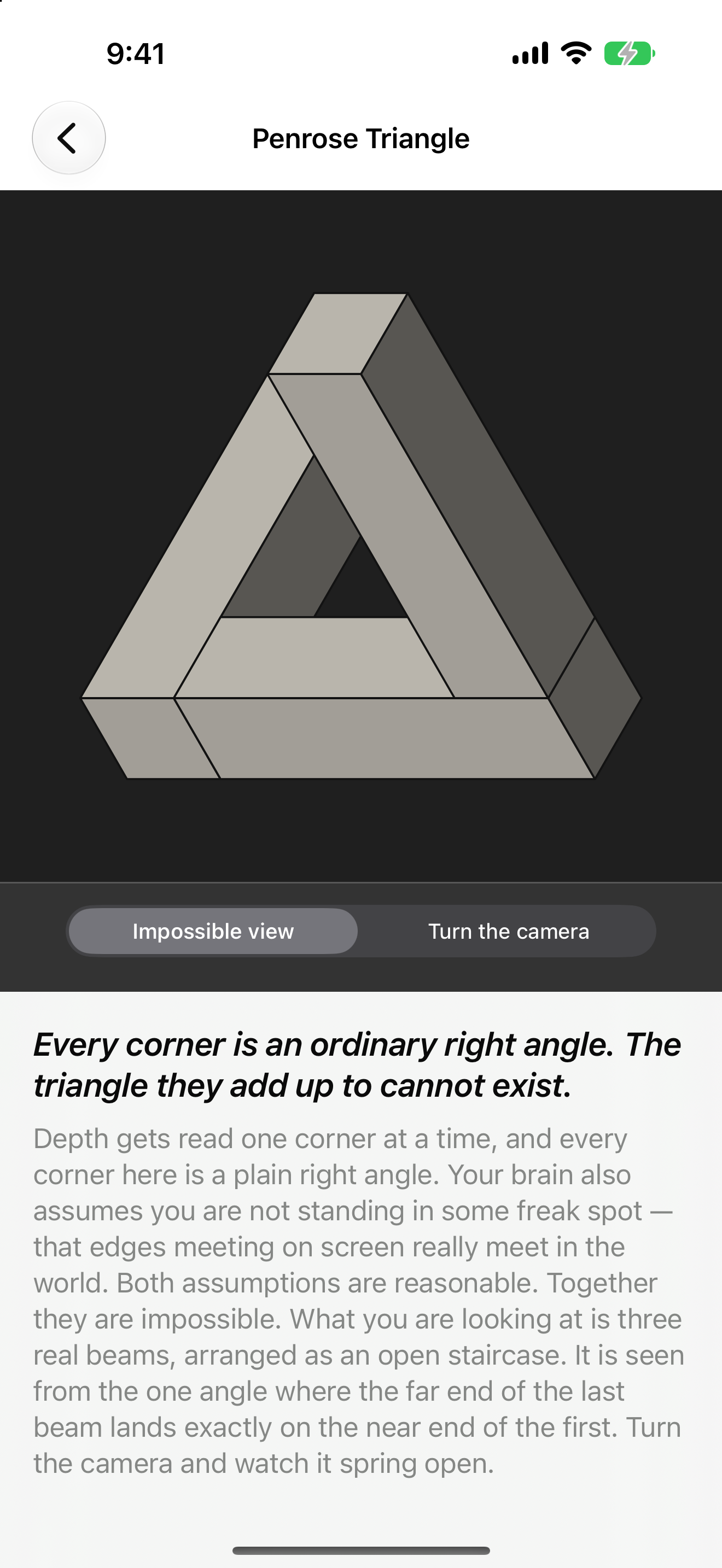 Optic Illusion on iPhone: the Penrose Triangle rendered as three grey beams meeting in an impossible tribar, with the viewpoint control set to Impossible view, with the teaser and explanation below.