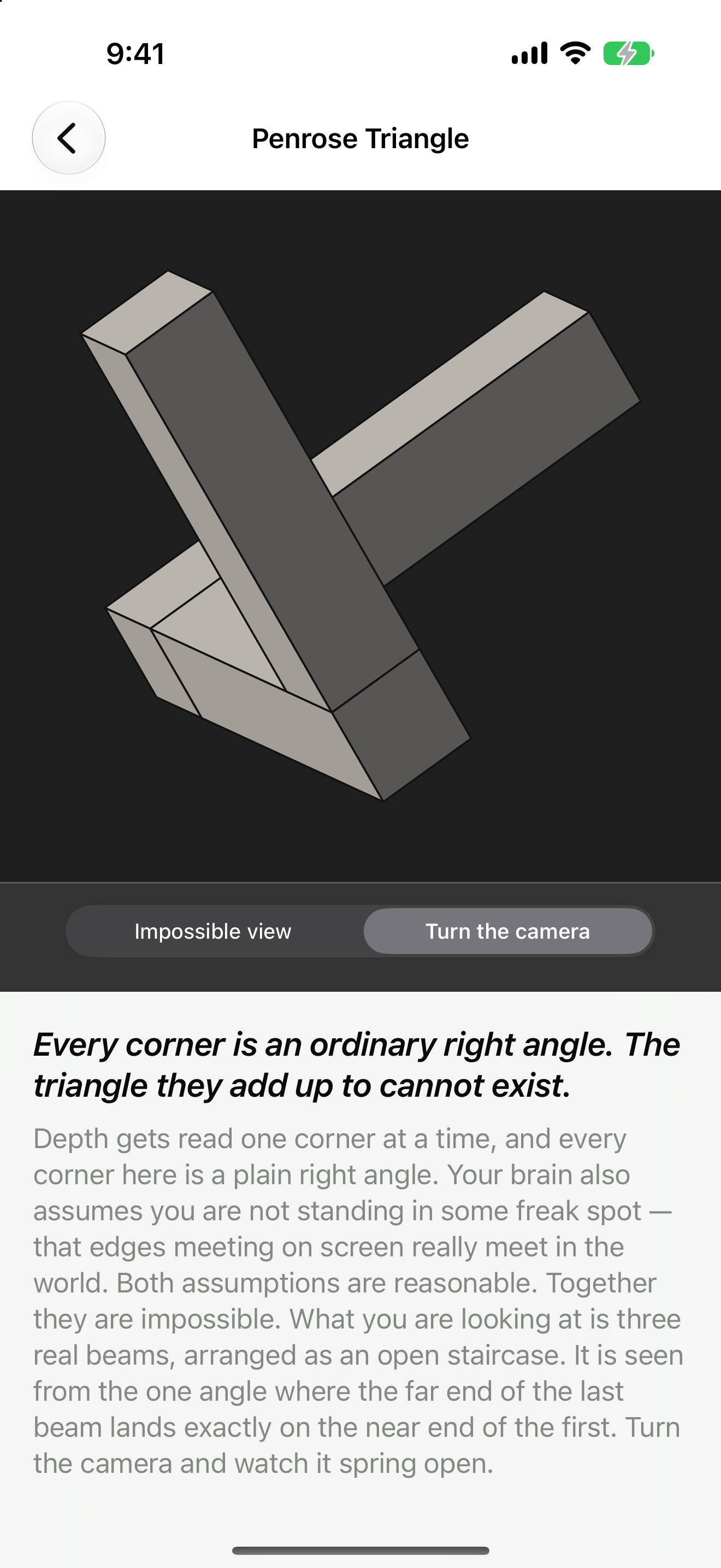 Optic Illusion on iPhone: the Penrose Triangle with Turn the camera selected, the figure sprung open into three separate beams that plainly do not meet, with the teaser and explanation below.