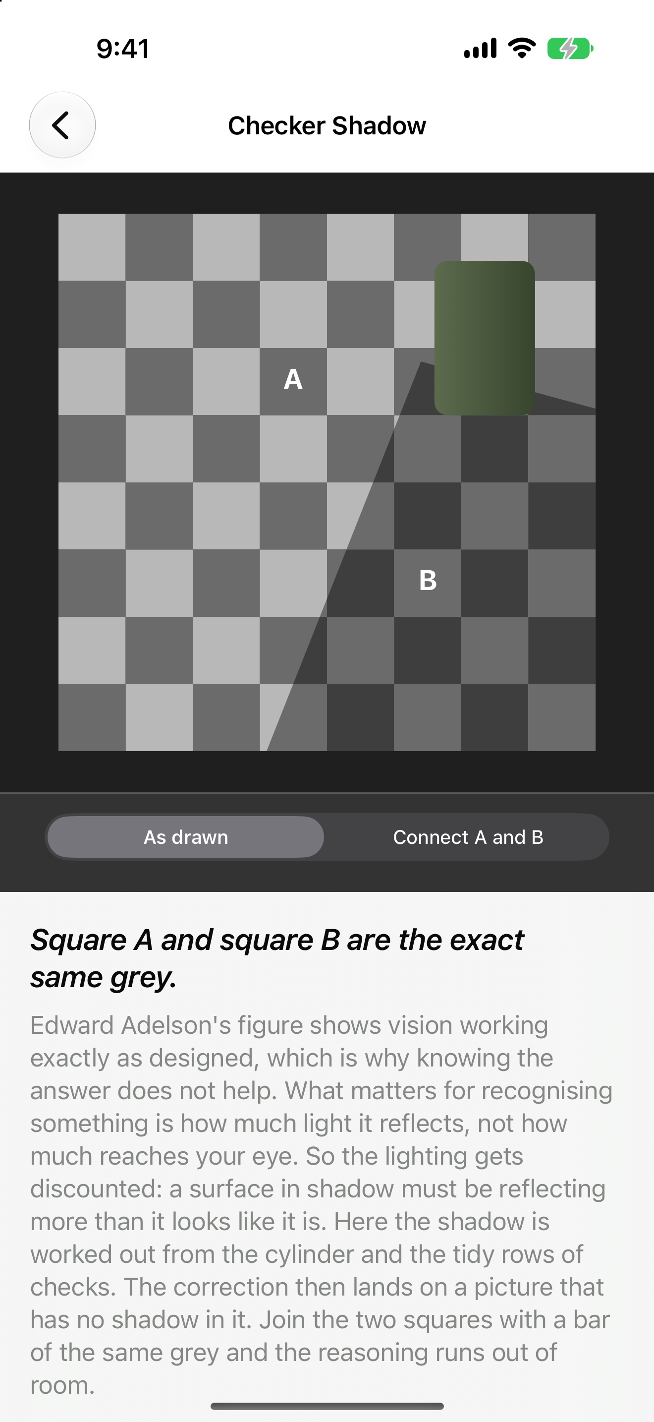 Optic Illusion on iPhone: Adelson's Checker Shadow, squares A and B marked on a checkerboard crossed by a cylinder's shadow, above a control offering to join them with a bar of the grey they share, with the teaser and explanation below.