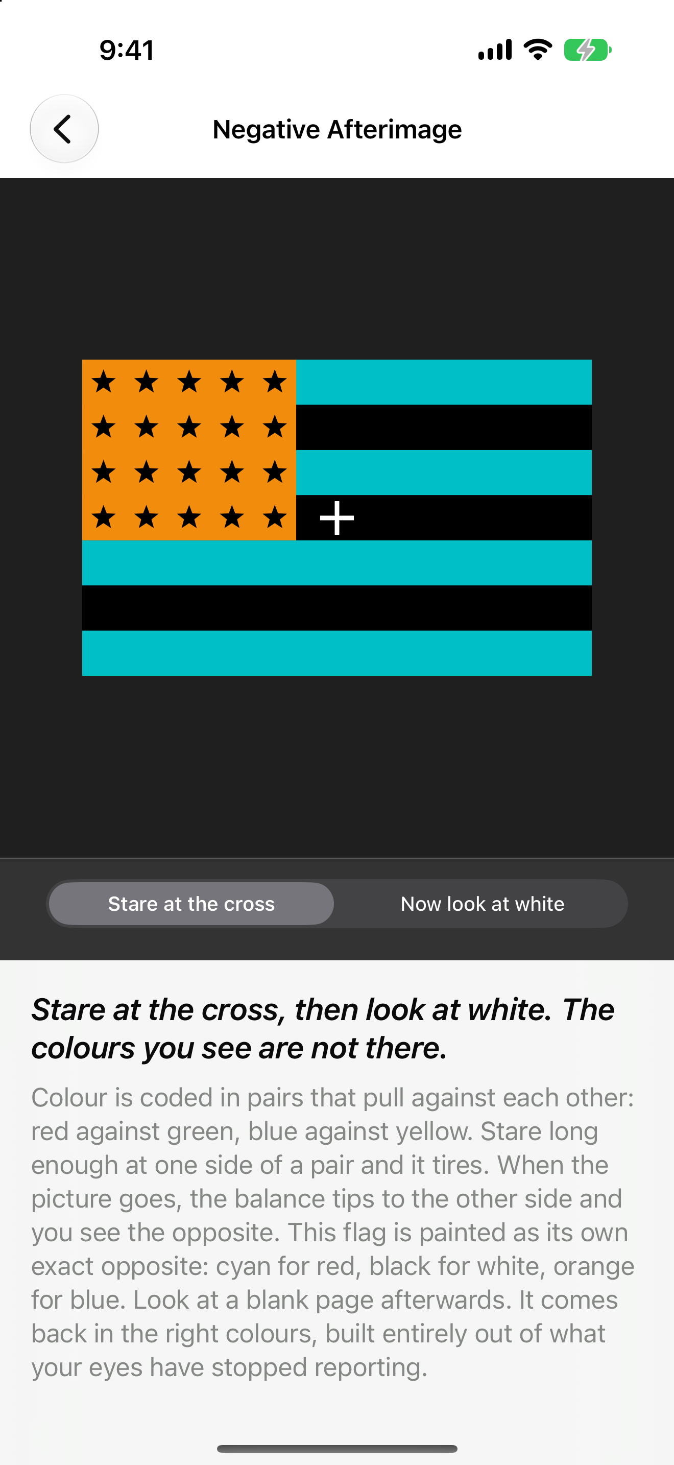 Optic Illusion on iPhone: Negative Afterimage, a colour-reversed flag in cyan, black and orange with black stars and a fixation cross, above a control that swaps it for a blank white field, with the teaser and explanation below.