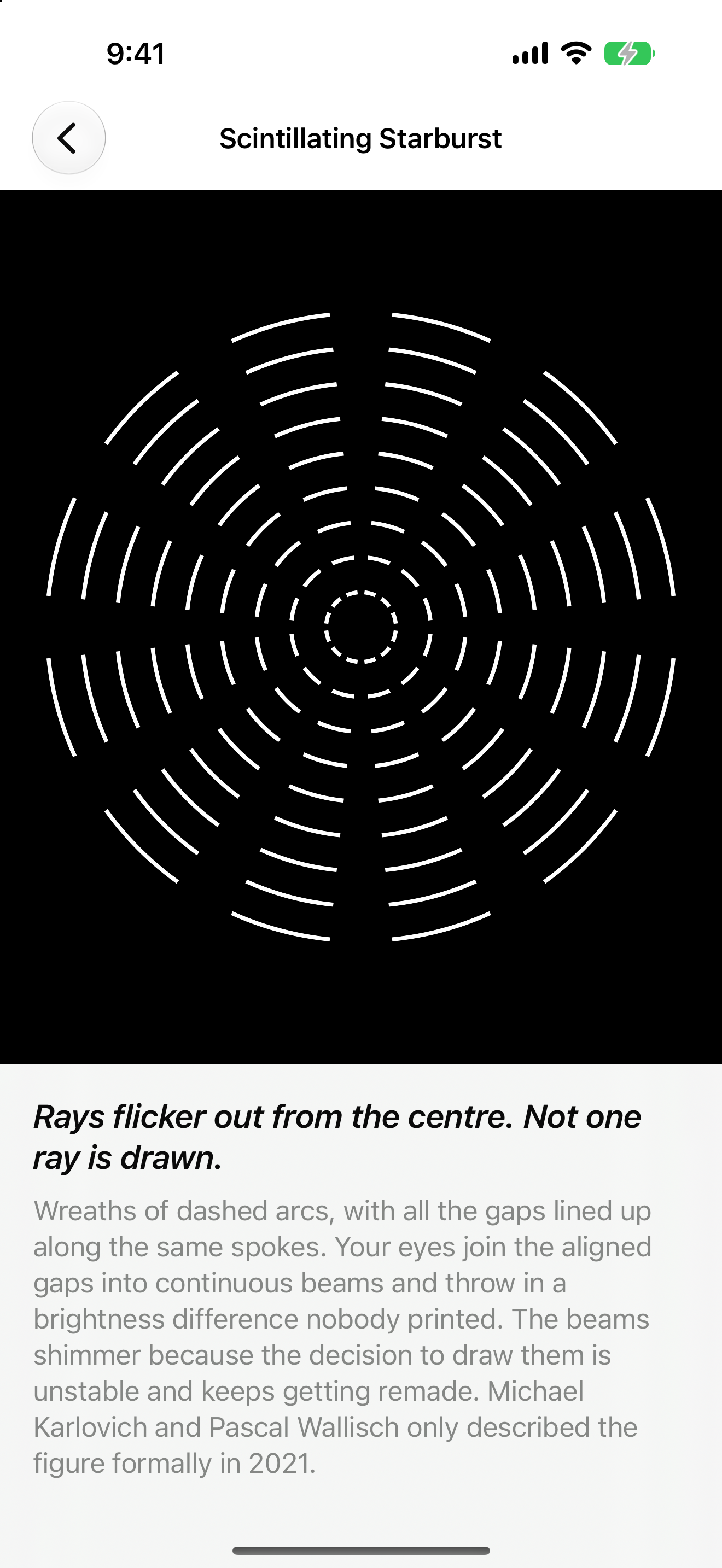 Optic Illusion on iPhone: Scintillating Starburst, concentric wreaths of short white arcs on black whose aligned gaps produce bright rays that are not drawn, with the teaser and explanation below.