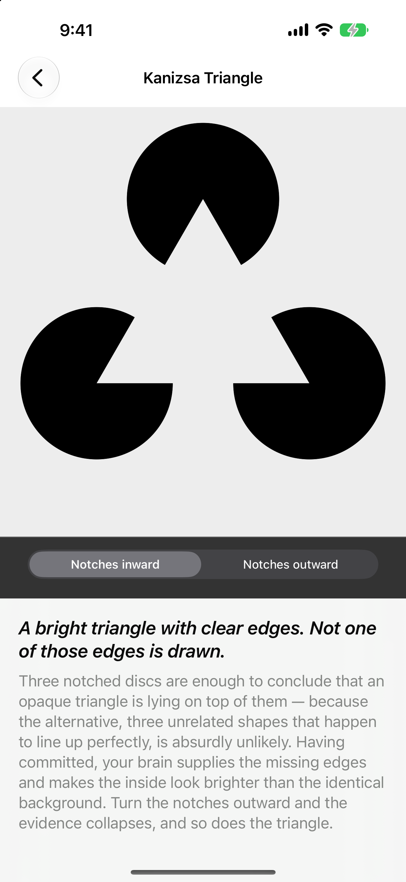 Optic Illusion on iPhone: Kanizsa Triangle, three black notched discs on a pale field producing a bright triangle whose edges are not drawn, with a control that turns the notches outward, with the teaser and explanation below.