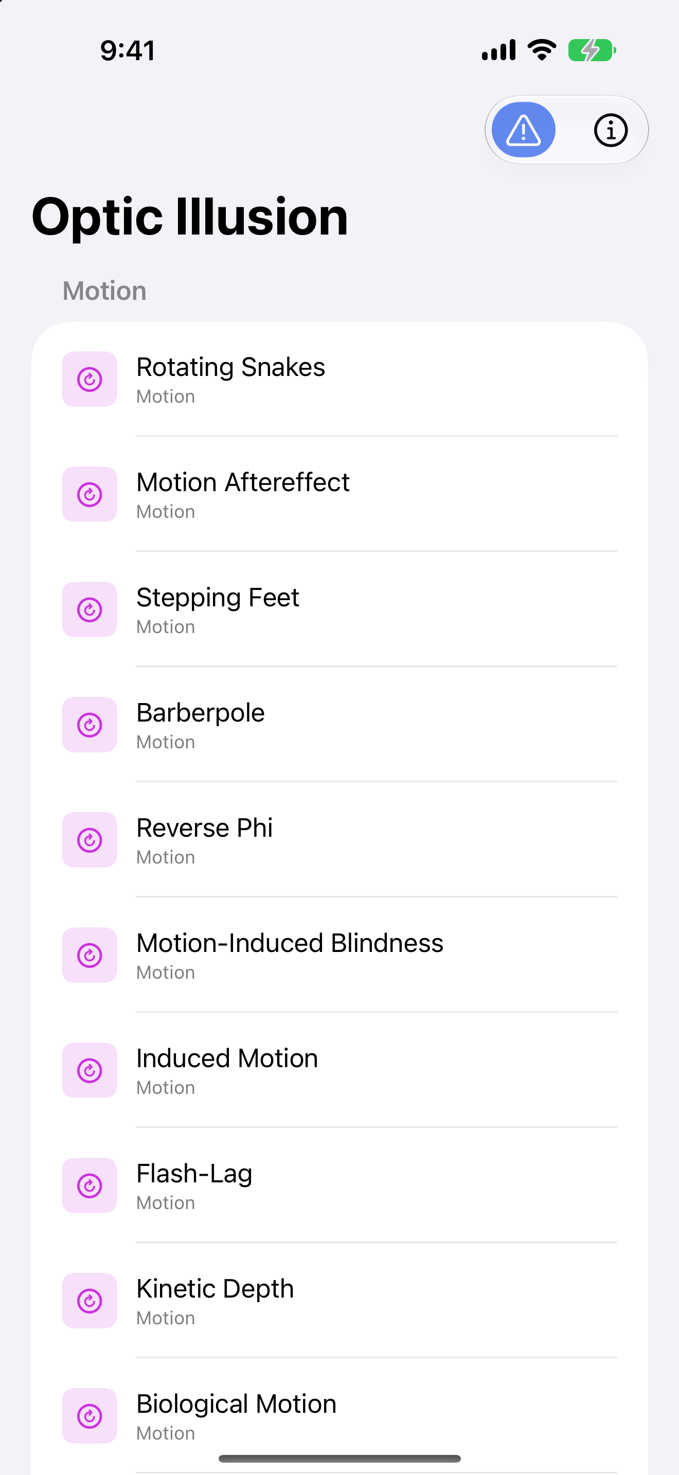Optic Illusion on iPhone: the gallery list, exhibits shown under the Motion heading with their category labels, one row each.
