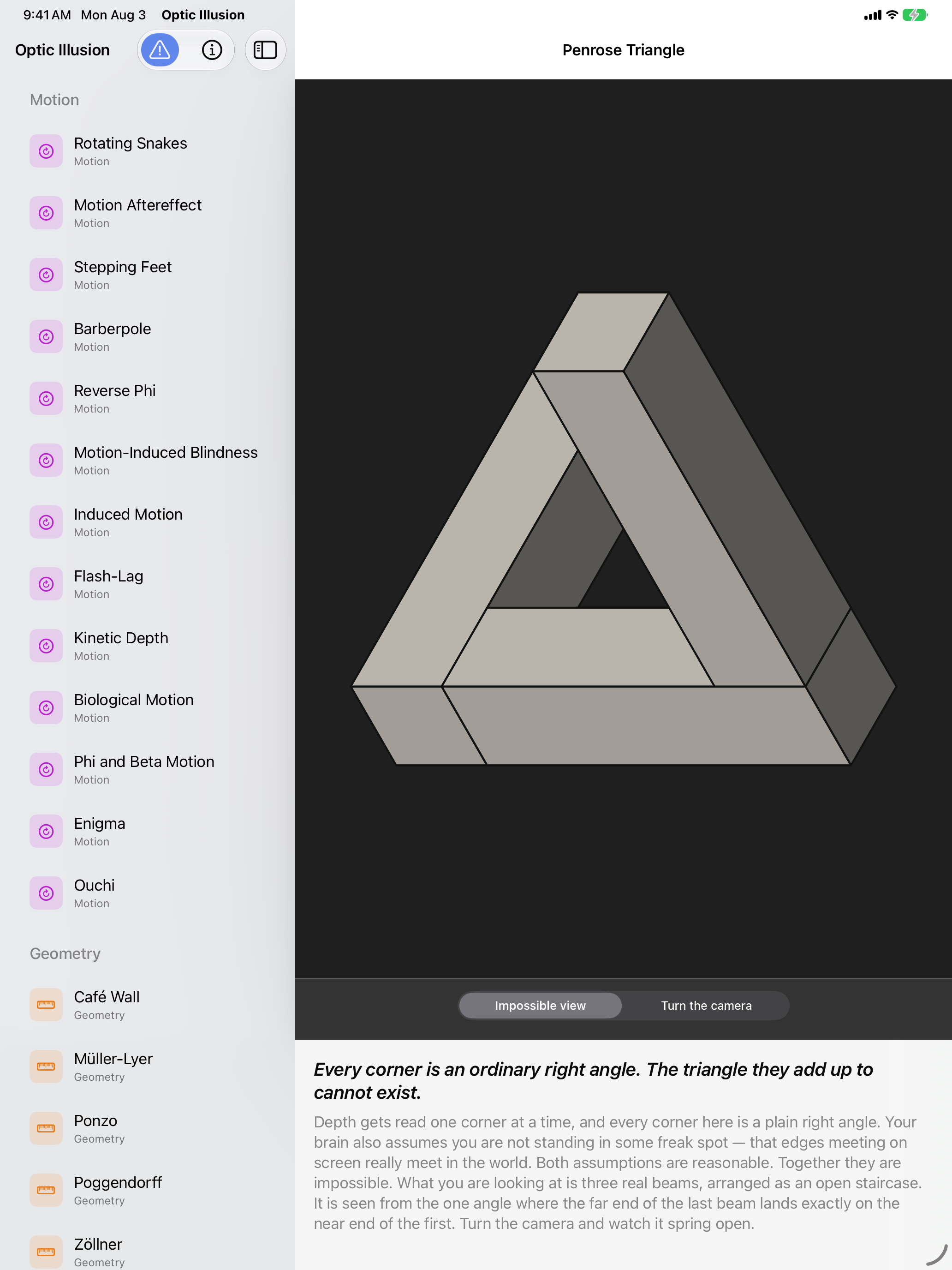 Optic Illusion on iPad: the Penrose Triangle rendered as three grey beams meeting in an impossible tribar, with the viewpoint control set to Impossible view, the exhibit list sectioned by category in the sidebar alongside.