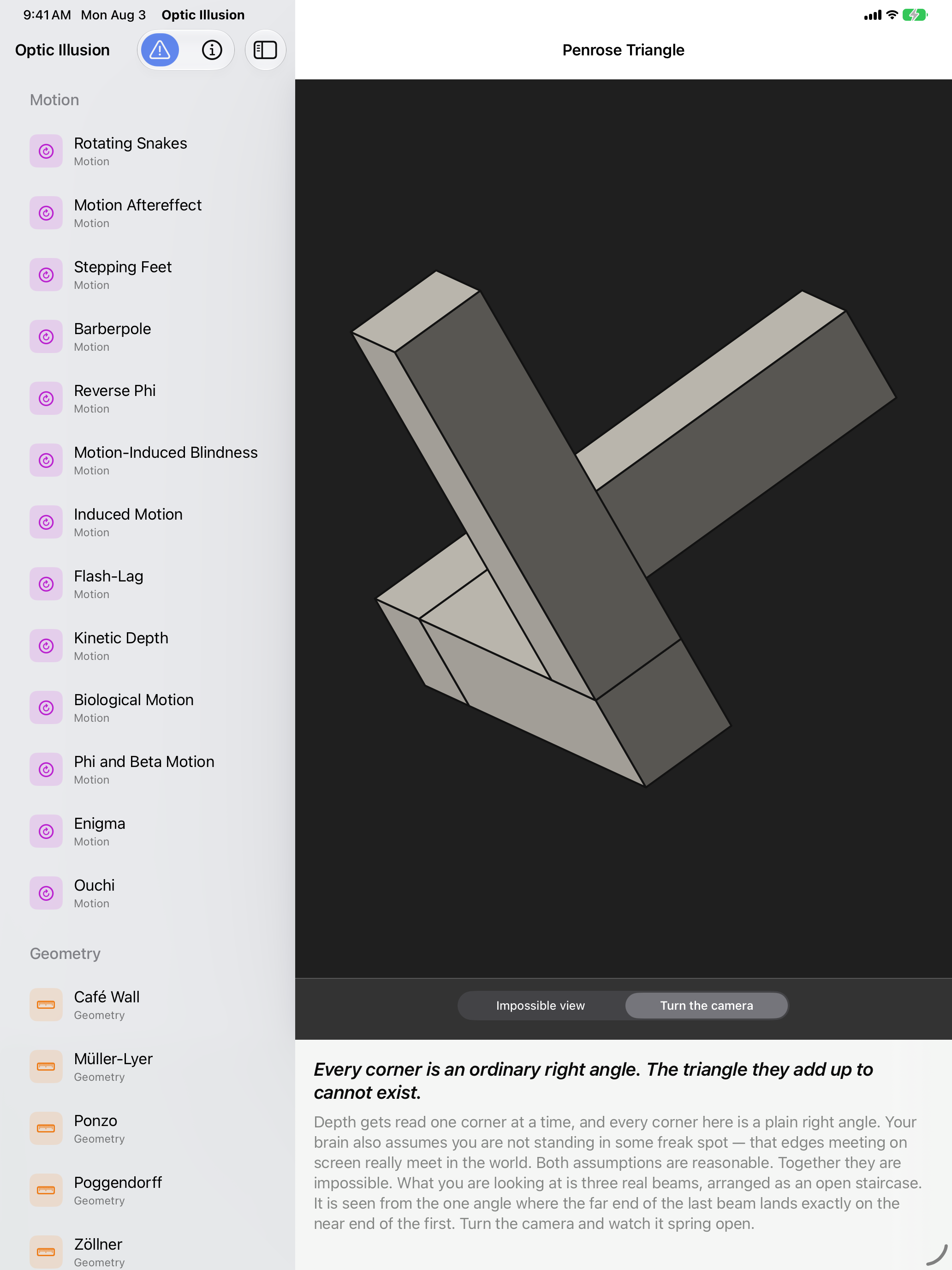 Optic Illusion on iPad: the Penrose Triangle with Turn the camera selected, the figure sprung open into three separate beams that plainly do not meet, the exhibit list sectioned by category in the sidebar alongside.