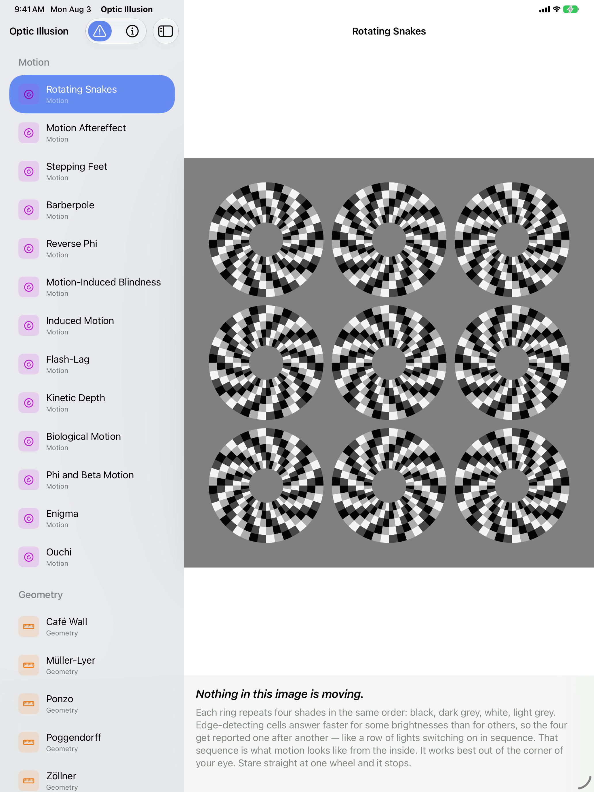 Optic Illusion on iPad: Rotating Snakes, nine static wheels of black, dark grey, white and light grey segments on a grey field that appear to drift although nothing is moving, the exhibit list sectioned by category in the sidebar alongside.