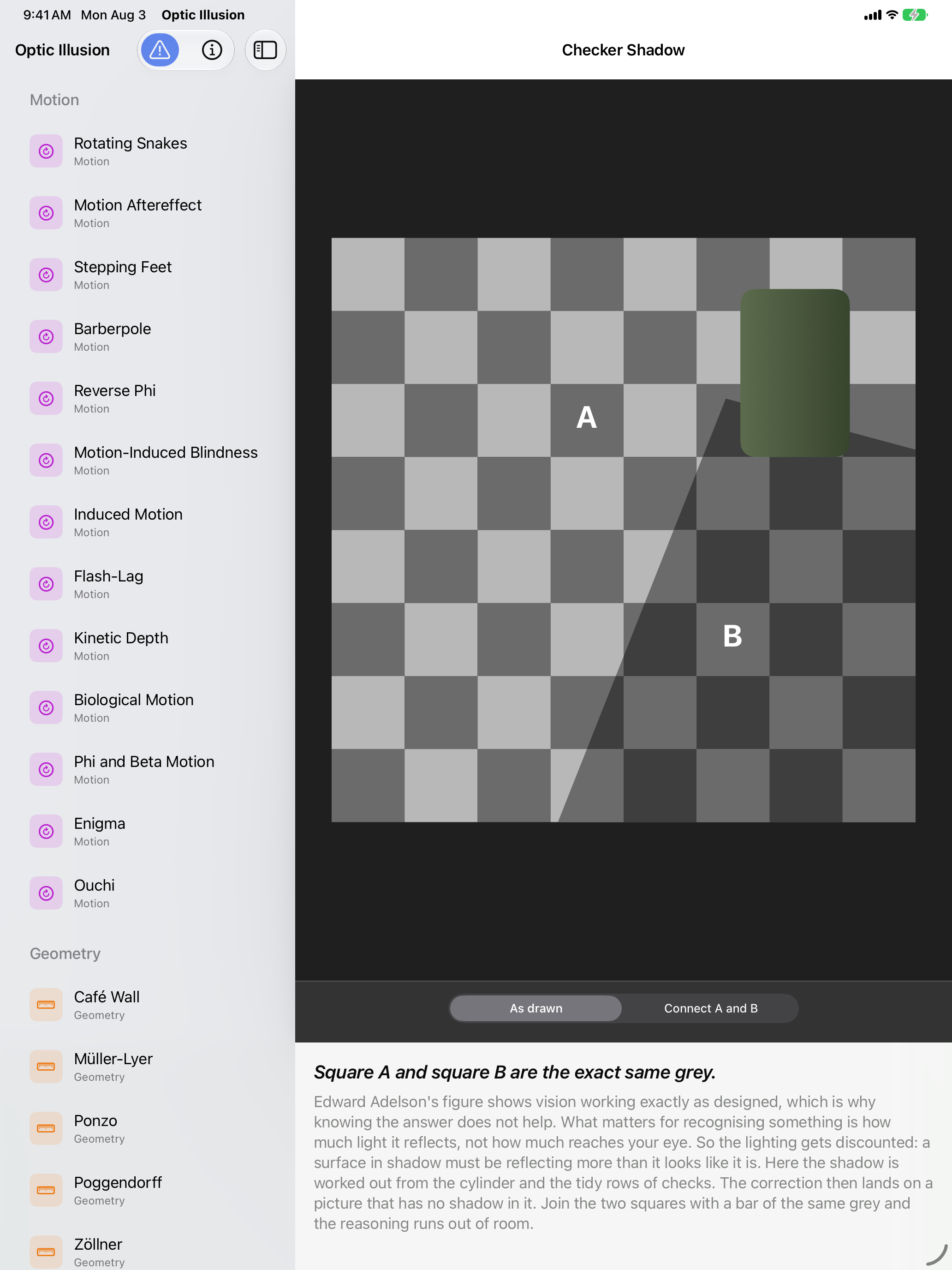 Optic Illusion on iPad: Adelson's Checker Shadow, squares A and B marked on a checkerboard crossed by a cylinder's shadow, above a control offering to join them with a bar of the grey they share, the exhibit list sectioned by category in the sidebar alongside.