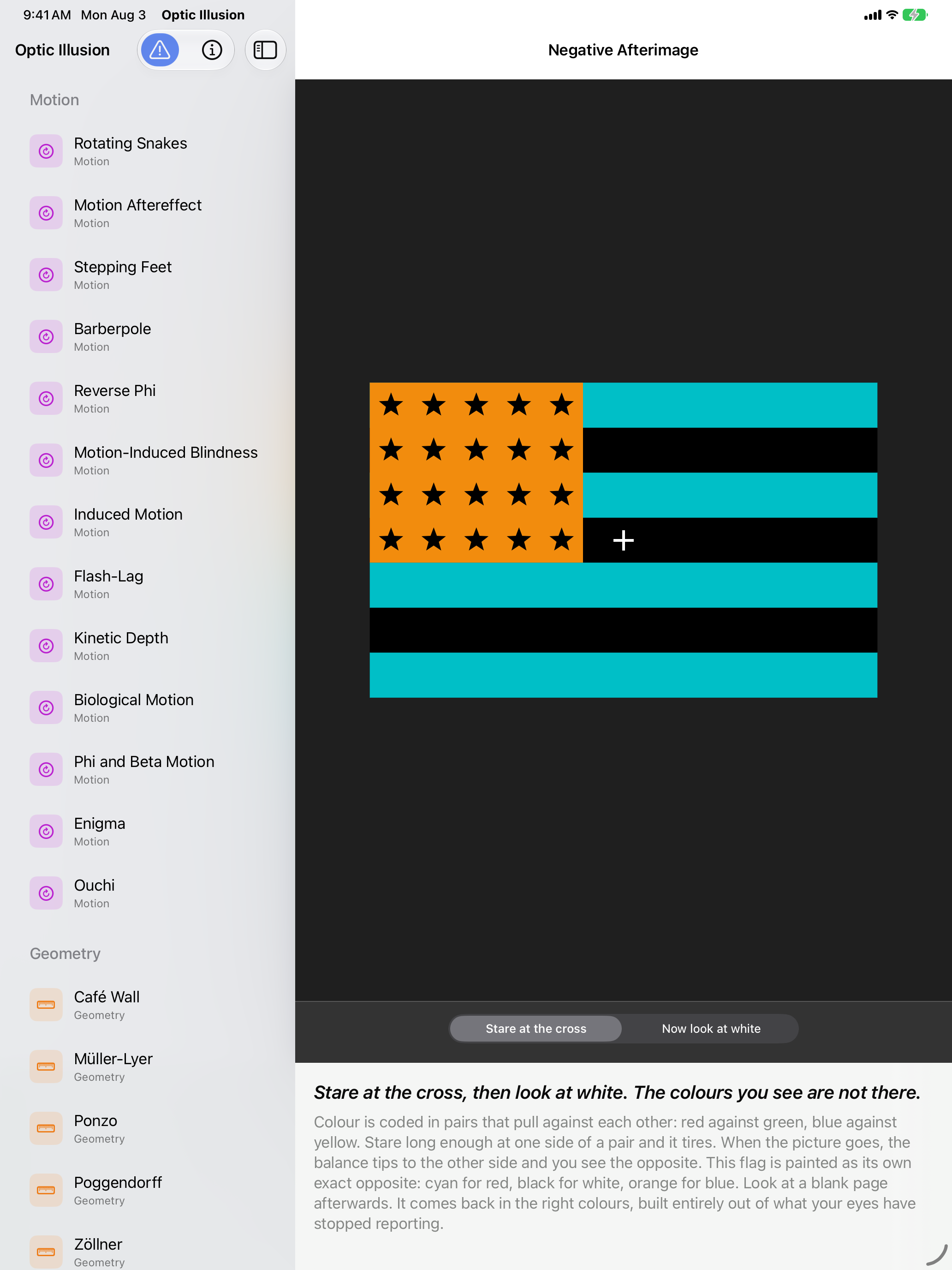 Optic Illusion on iPad: Negative Afterimage, a colour-reversed flag in cyan, black and orange with black stars and a fixation cross, above a control that swaps it for a blank white field, the exhibit list sectioned by category in the sidebar alongside.