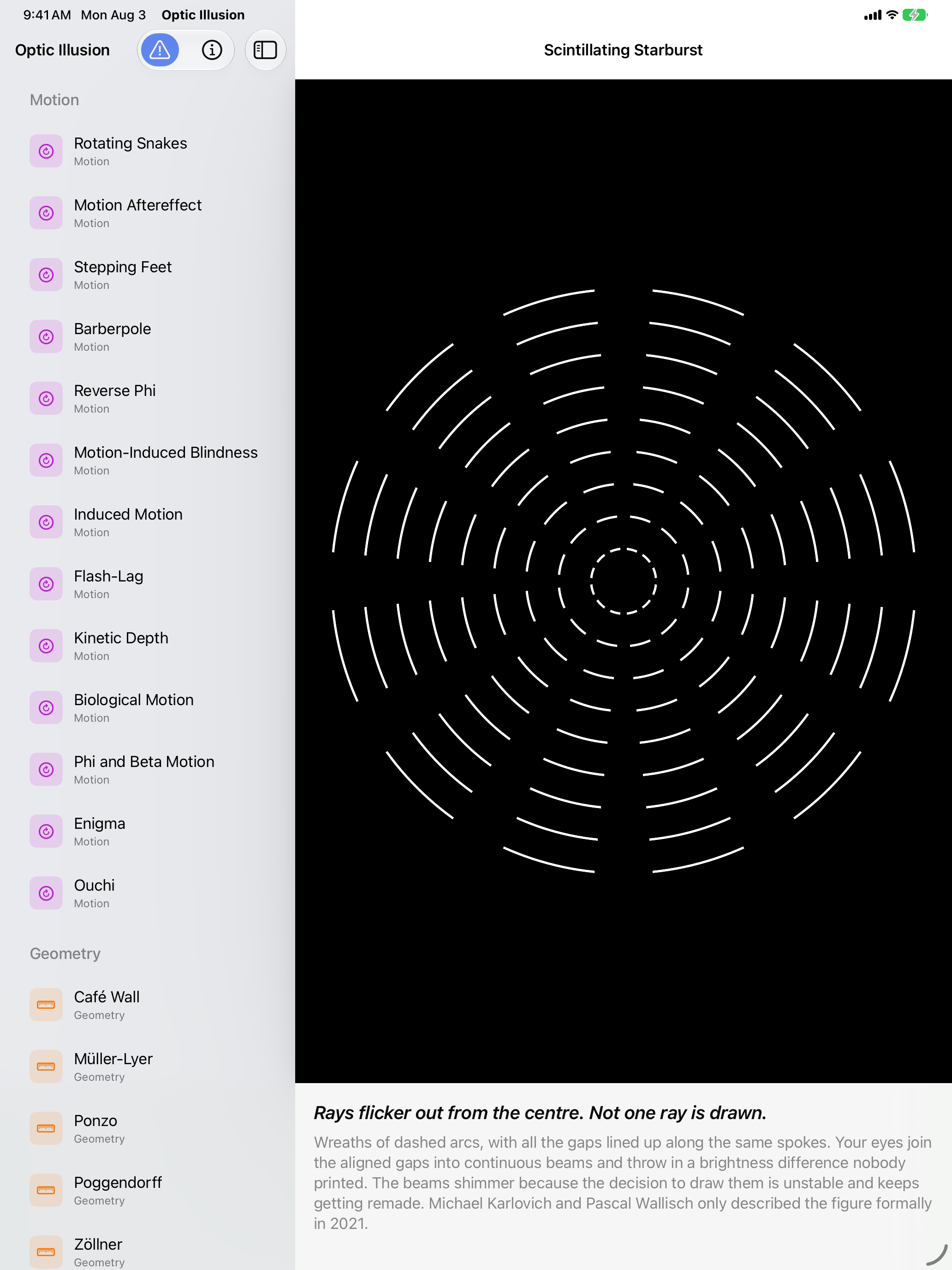 Optic Illusion on iPad: Scintillating Starburst, concentric wreaths of short white arcs on black whose aligned gaps produce bright rays that are not drawn, the exhibit list sectioned by category in the sidebar alongside.