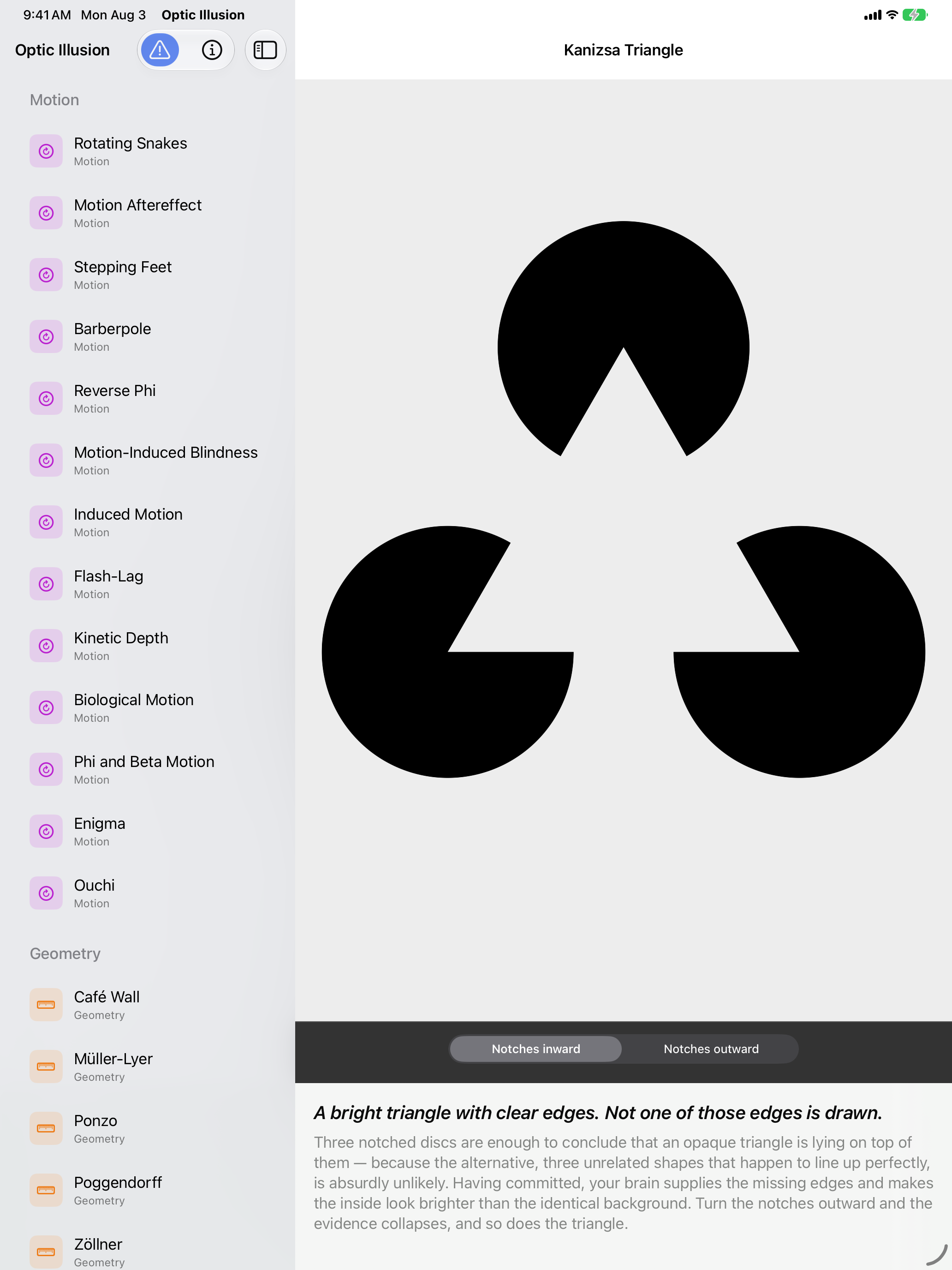 Optic Illusion on iPad: Kanizsa Triangle, three black notched discs on a pale field producing a bright triangle whose edges are not drawn, with a control that turns the notches outward, the exhibit list sectioned by category in the sidebar alongside.