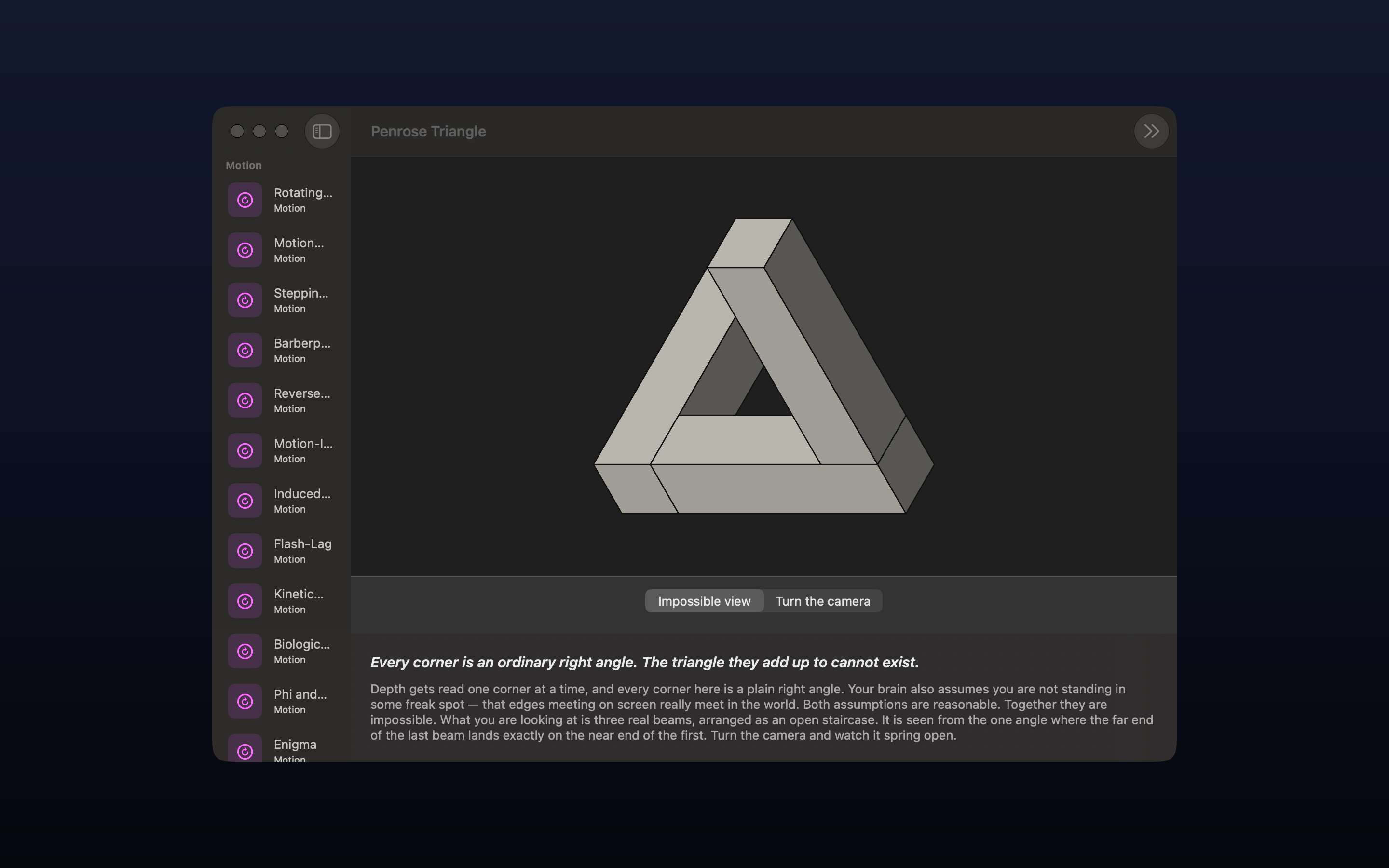 Optic Illusion on macOS: the Penrose Triangle rendered as three grey beams meeting in an impossible tribar, with the viewpoint control set to Impossible view, the exhibit list in the sidebar and the explanation beneath.