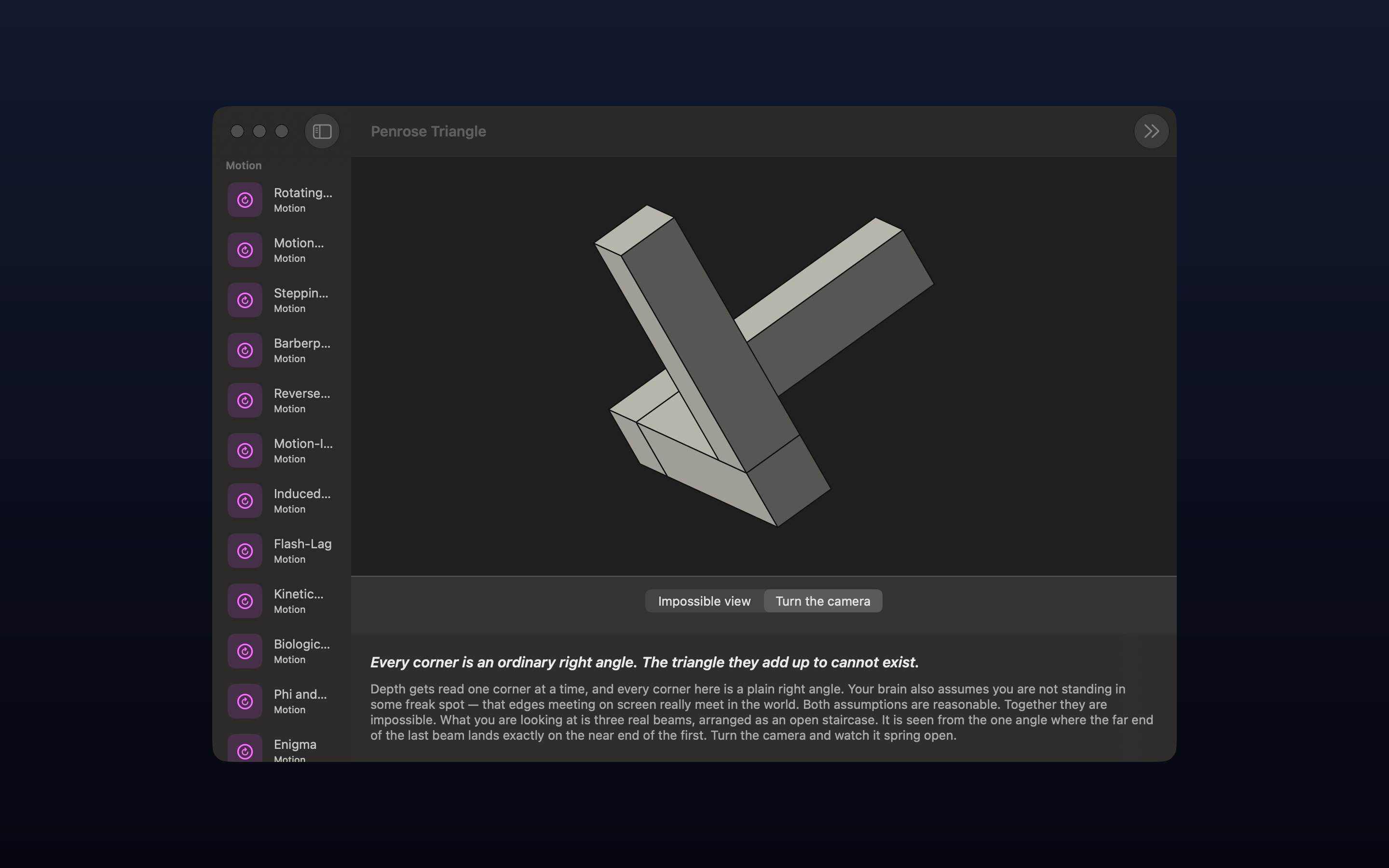 Optic Illusion on macOS: the Penrose Triangle with Turn the camera selected, the figure sprung open into three separate beams that plainly do not meet, the exhibit list in the sidebar and the explanation beneath.
