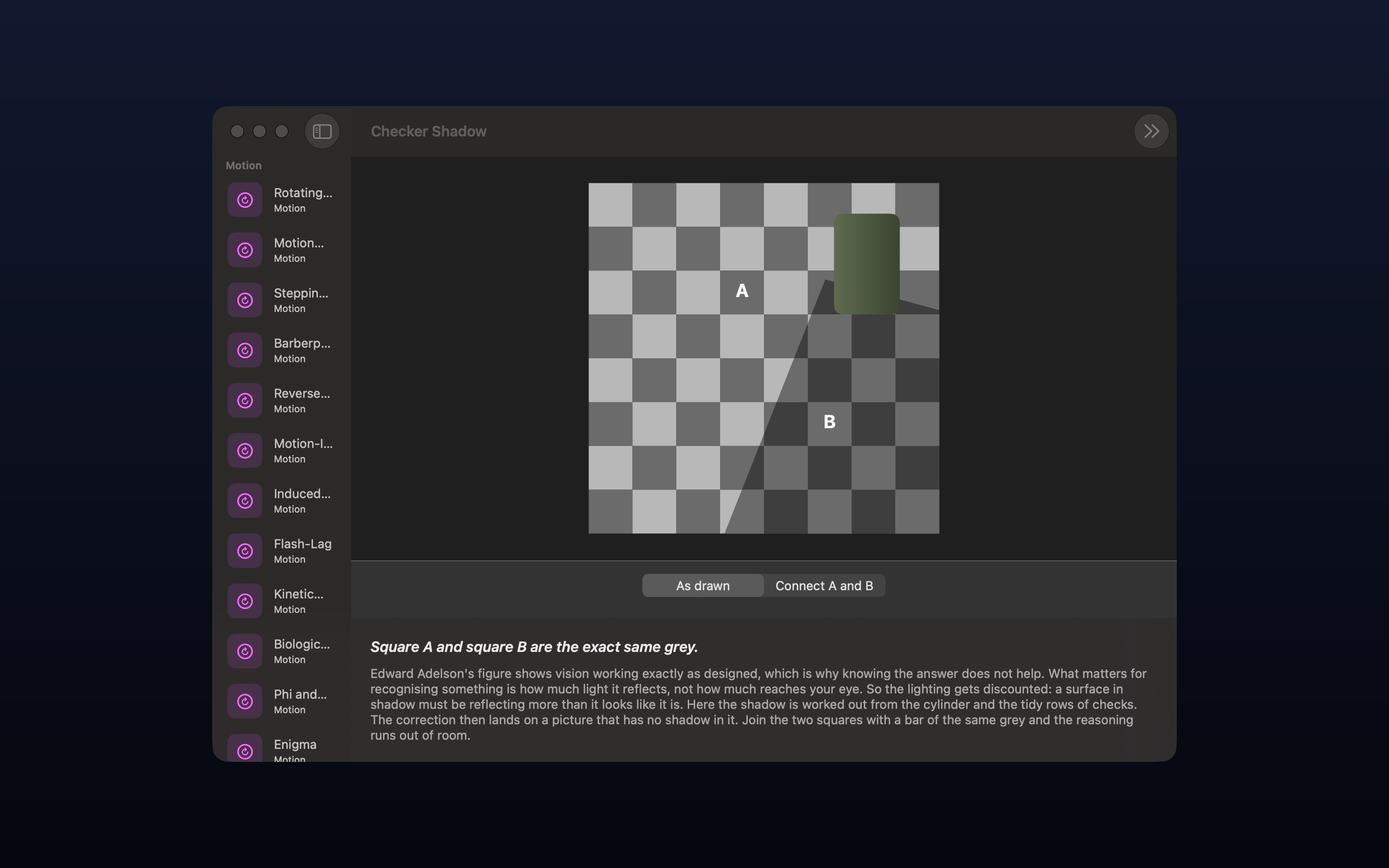 Optic Illusion on macOS: Adelson's Checker Shadow, squares A and B marked on a checkerboard crossed by a cylinder's shadow, above a control offering to join them with a bar of the grey they share, the exhibit list in the sidebar and the explanation beneath.