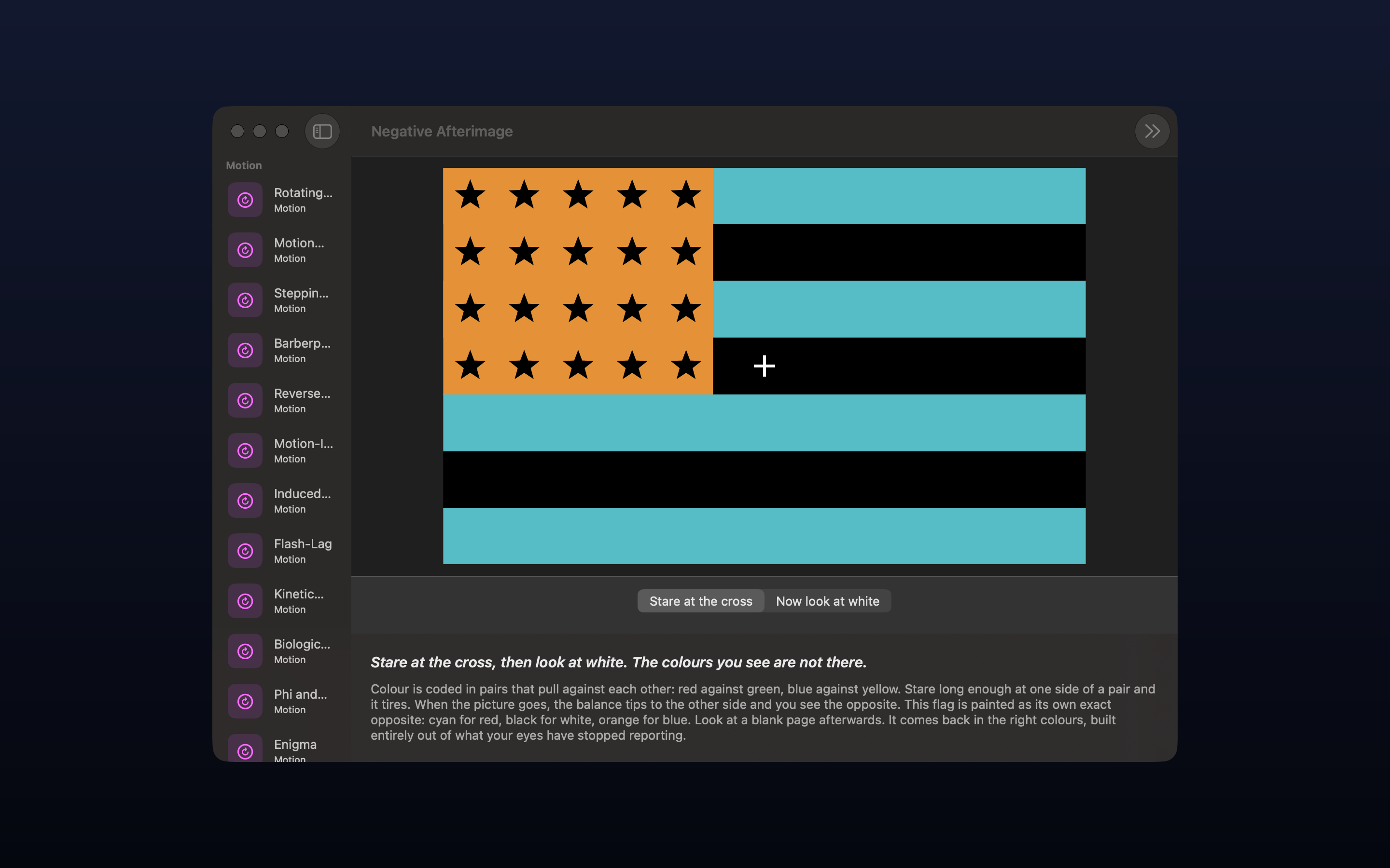 Optic Illusion on macOS: Negative Afterimage, a colour-reversed flag in cyan, black and orange with black stars and a fixation cross, above a control that swaps it for a blank white field, the exhibit list in the sidebar and the explanation beneath.