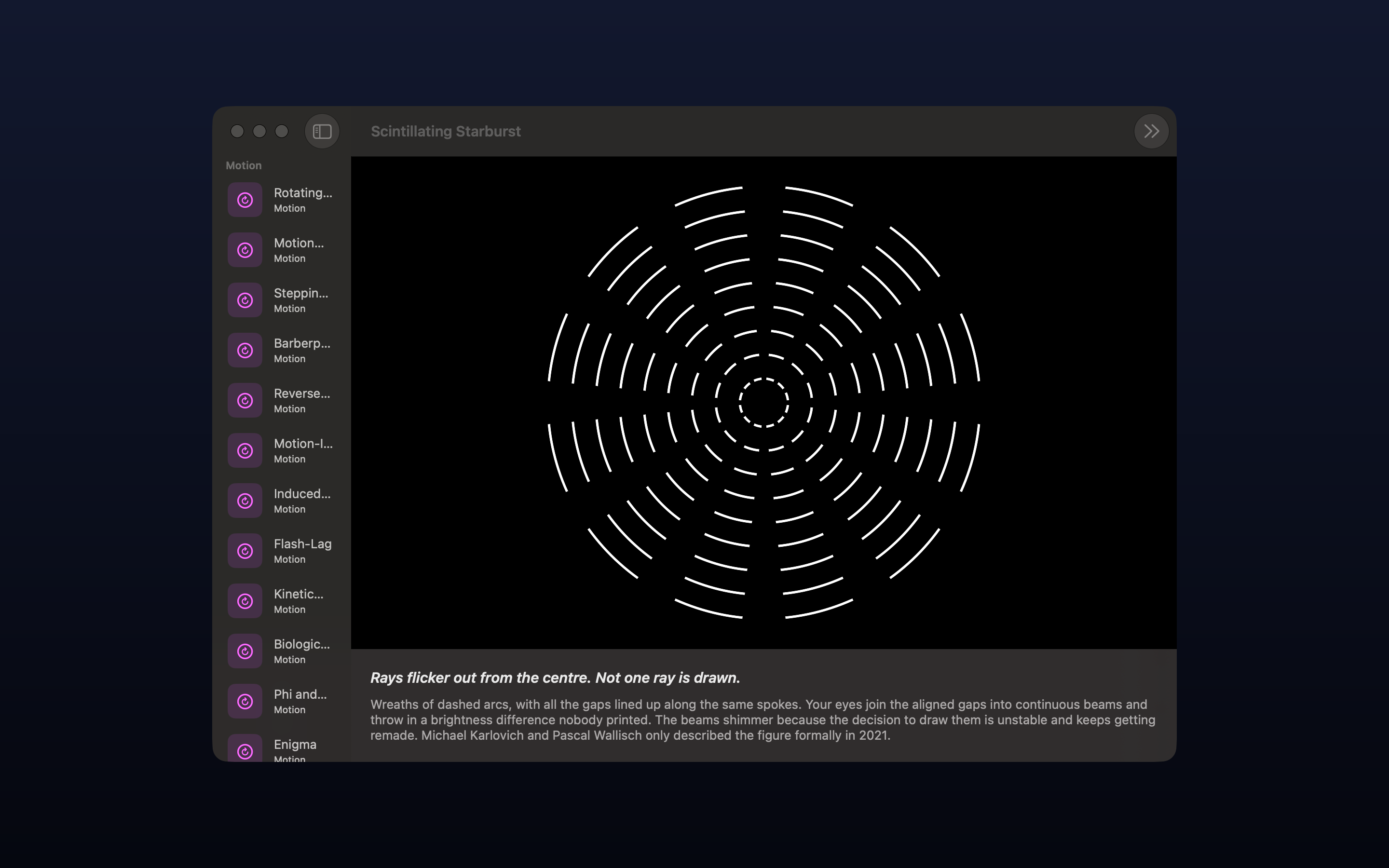 Optic Illusion on macOS: Scintillating Starburst, concentric wreaths of short white arcs on black whose aligned gaps produce bright rays that are not drawn, the exhibit list in the sidebar and the explanation beneath.