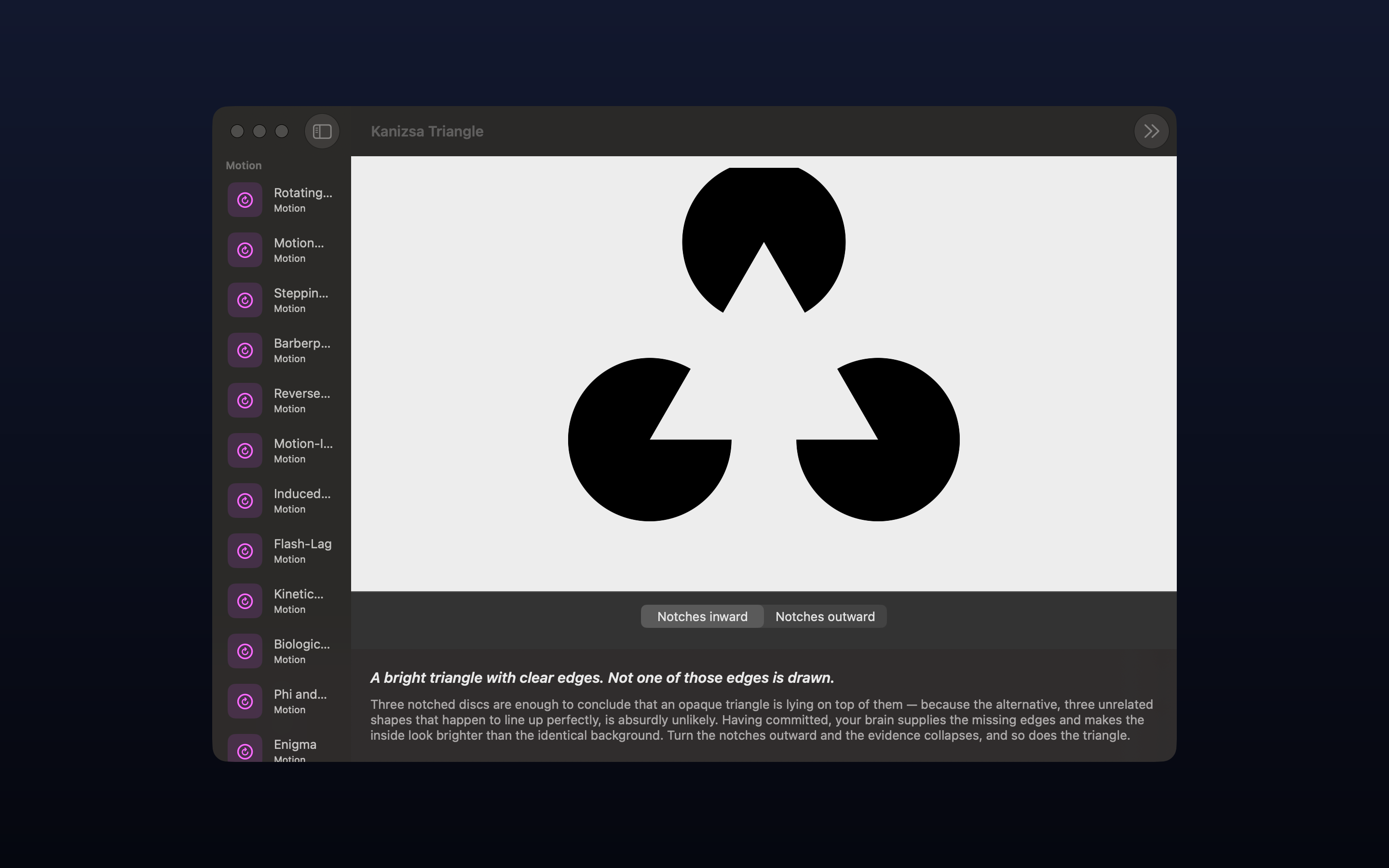 Optic Illusion on macOS: Kanizsa Triangle, three black notched discs on a pale field producing a bright triangle whose edges are not drawn, with a control that turns the notches outward, the exhibit list in the sidebar and the explanation beneath.