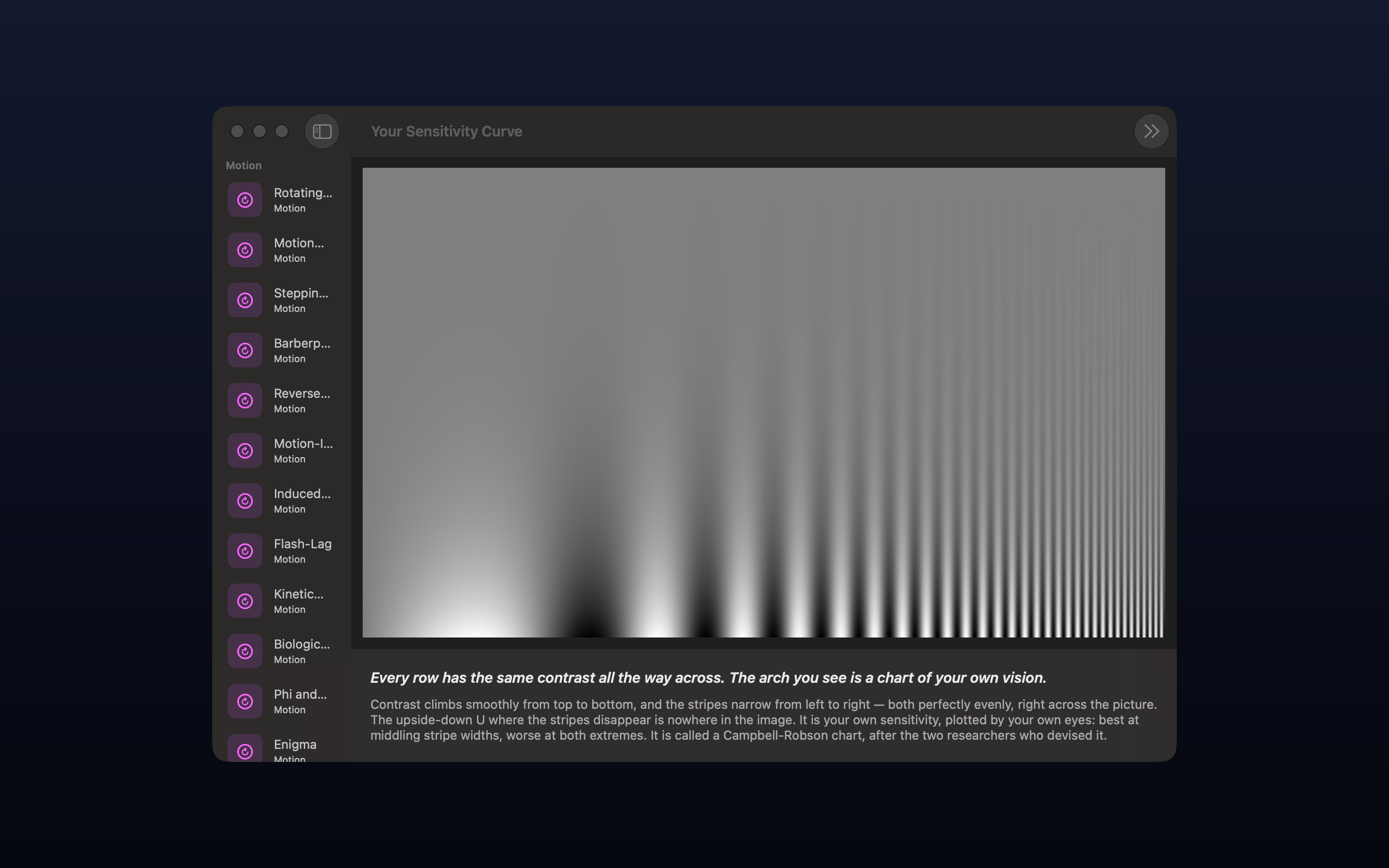 Optic Illusion on macOS: Your Sensitivity Curve, a Campbell-Robson chart whose stripes narrow to the right and gain contrast downward, the inverted-U boundary where they vanish drawn by the viewer's own vision, the exhibit list in the sidebar and the explanation beneath.